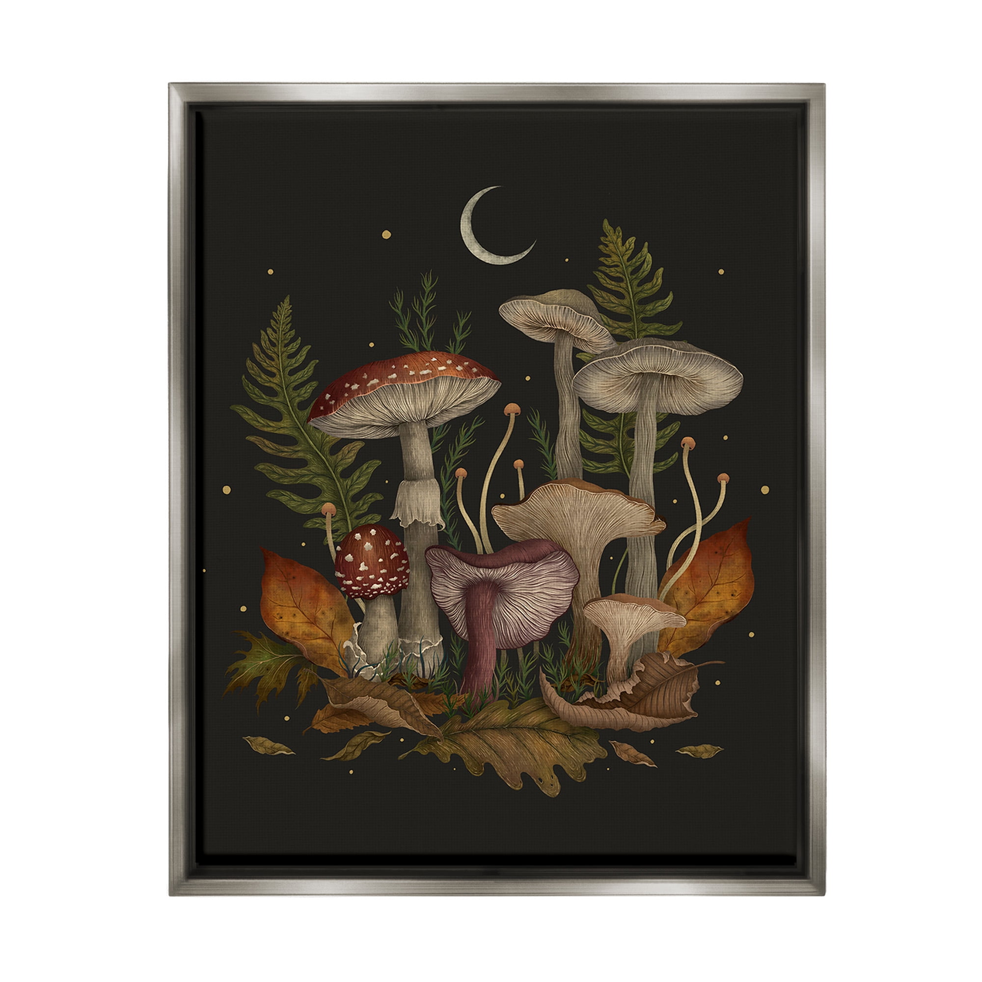Stupell Industries Dark Mushrooms with Moon Botanical & Floral Painting Gray Floater Framed Canvas Art Print Wall Art, 17 x 21