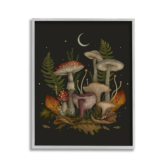 Stupell Industries Dark Mushrooms with Moon Botanical & Floral Painting Gray Framed Art Print Wall Art, 11 x 14