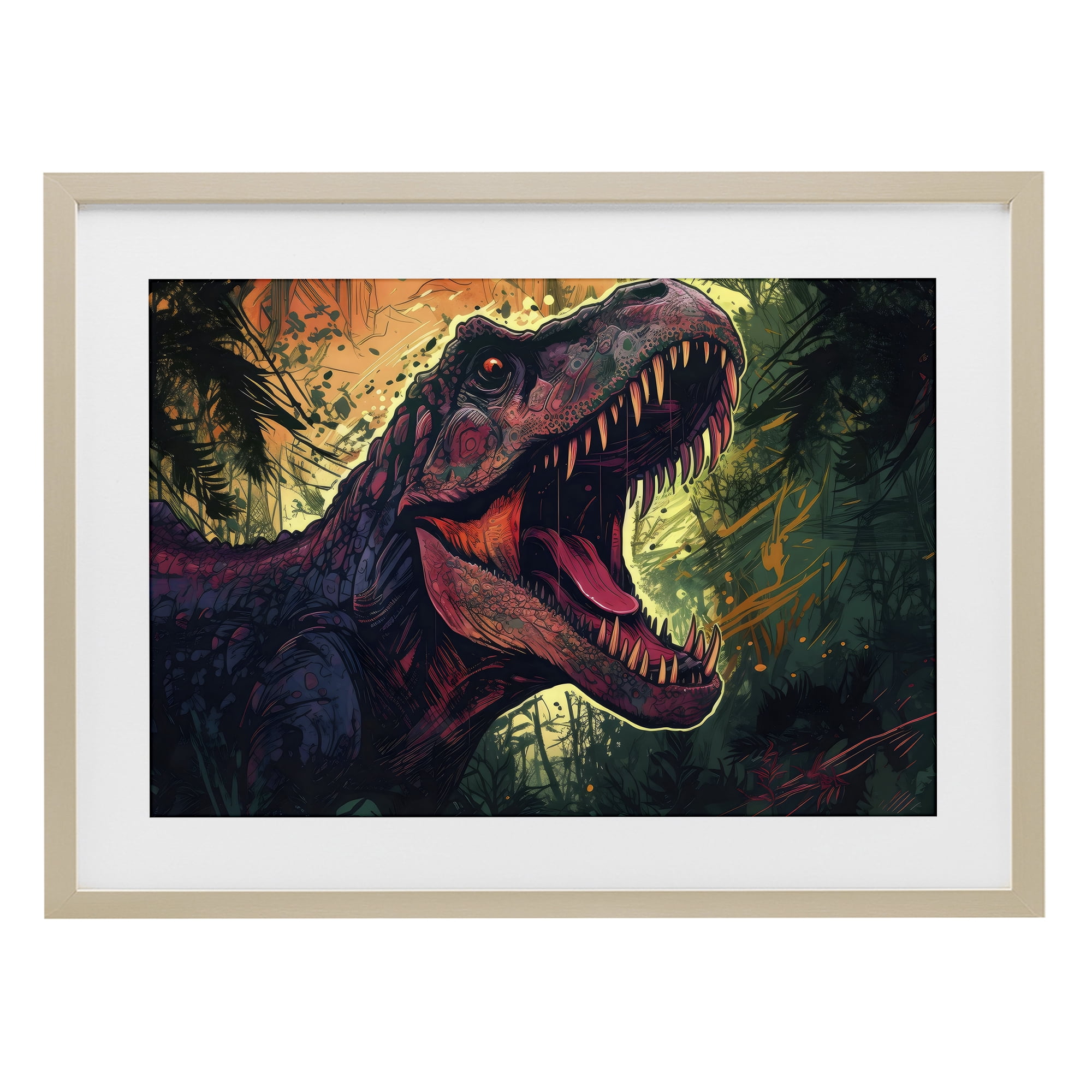 Stupell Industries Dark Roaring T-Rex Birch Framed Print Under Glass, design by Creative Studio