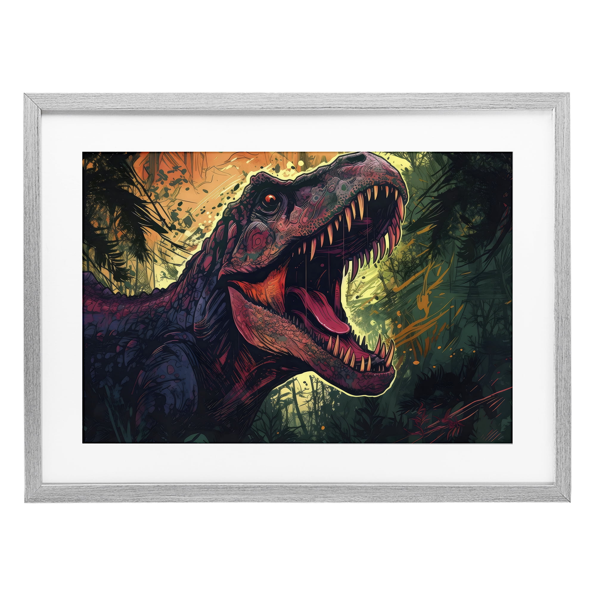 Stupell Industries Dark Roaring T-Rex Gray Framed Print Under Glass, design by Creative Studio