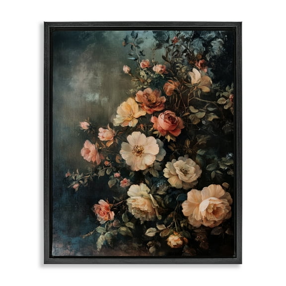 Stupell Industries Dark Rose Florals Plants & Flowers Painting Black Floater Framed Canvas Art Print Wall Art, 17 x 21