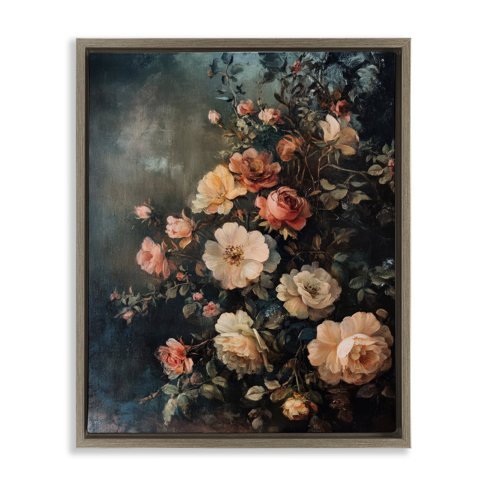 Stupell Industries Dark Rose Florals Plants & Flowers Painting Brown Floater Framed Canvas Art Print Wall Art, 17 x 21