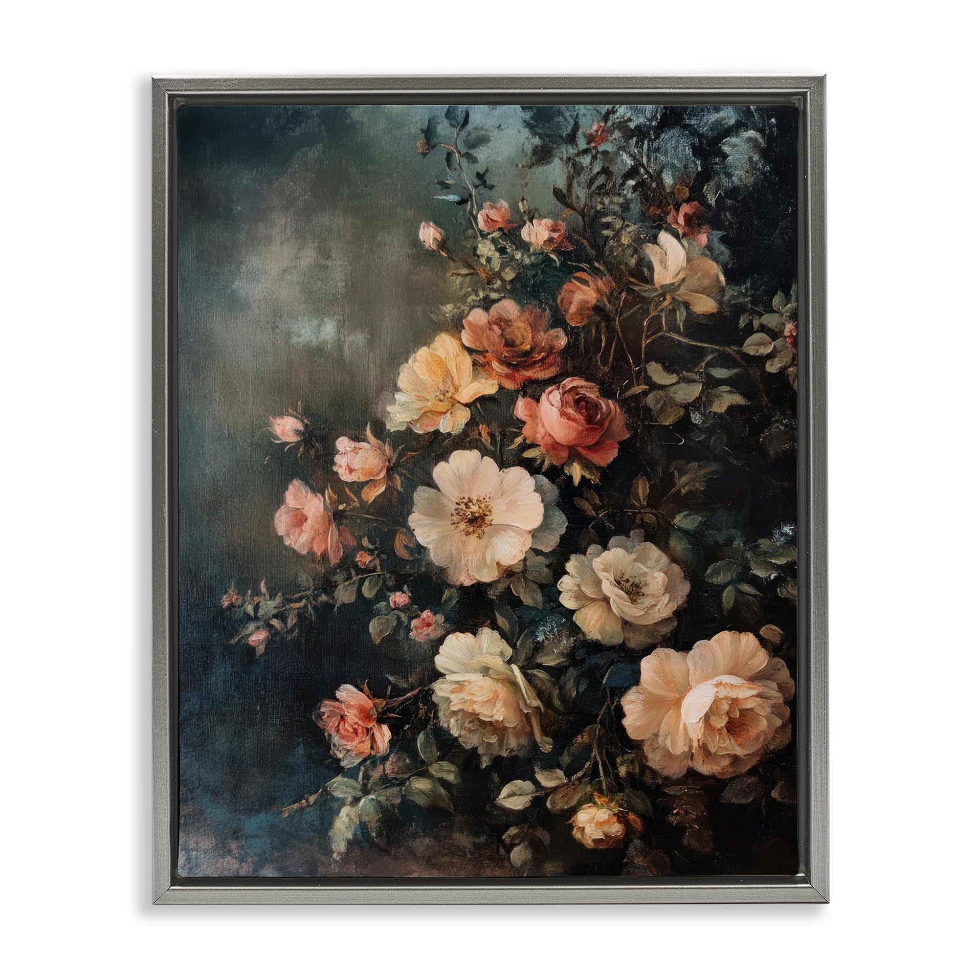 Stupell Industries Dark Rose Florals Plants & Flowers Painting Gray Floater Framed Canvas Art Print Wall Art, 25 x 31
