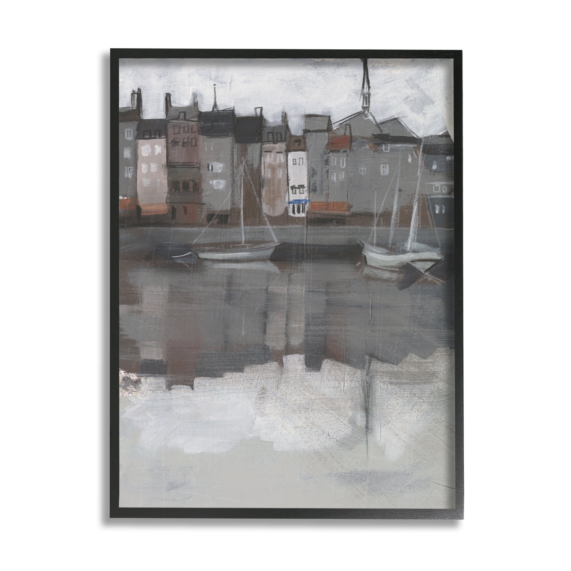 Stupell Industries Dark Sailboat Seaport Murky Coastal City Landscape Travel & Places Painting Black Framed Art Print Wall Art, 16 x 20