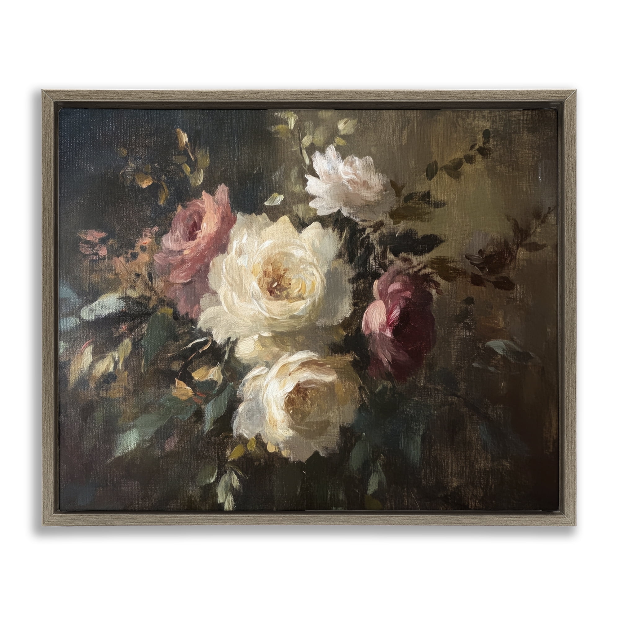 Stupell Industries Dark Still Life Roses Plants & Flowers Painting Brown Floater Framed Canvas Art Print Wall Art, 31 x 25