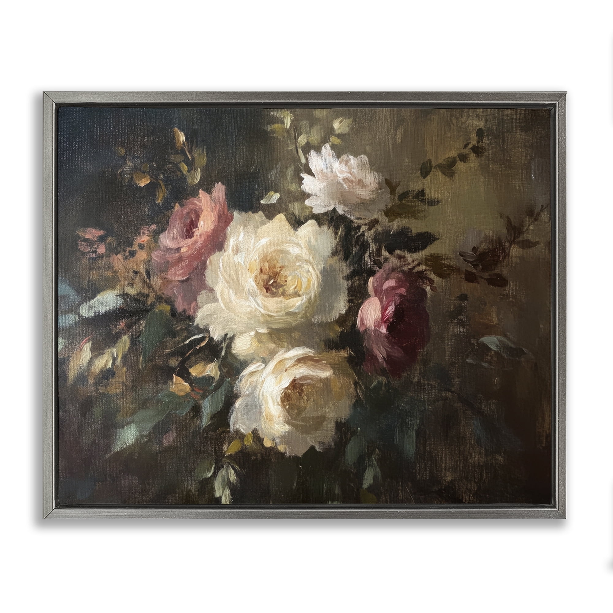 Stupell Industries Dark Still Life Roses Plants & Flowers Painting Gray Floater Framed Canvas Art Print Wall Art, 31 x 25