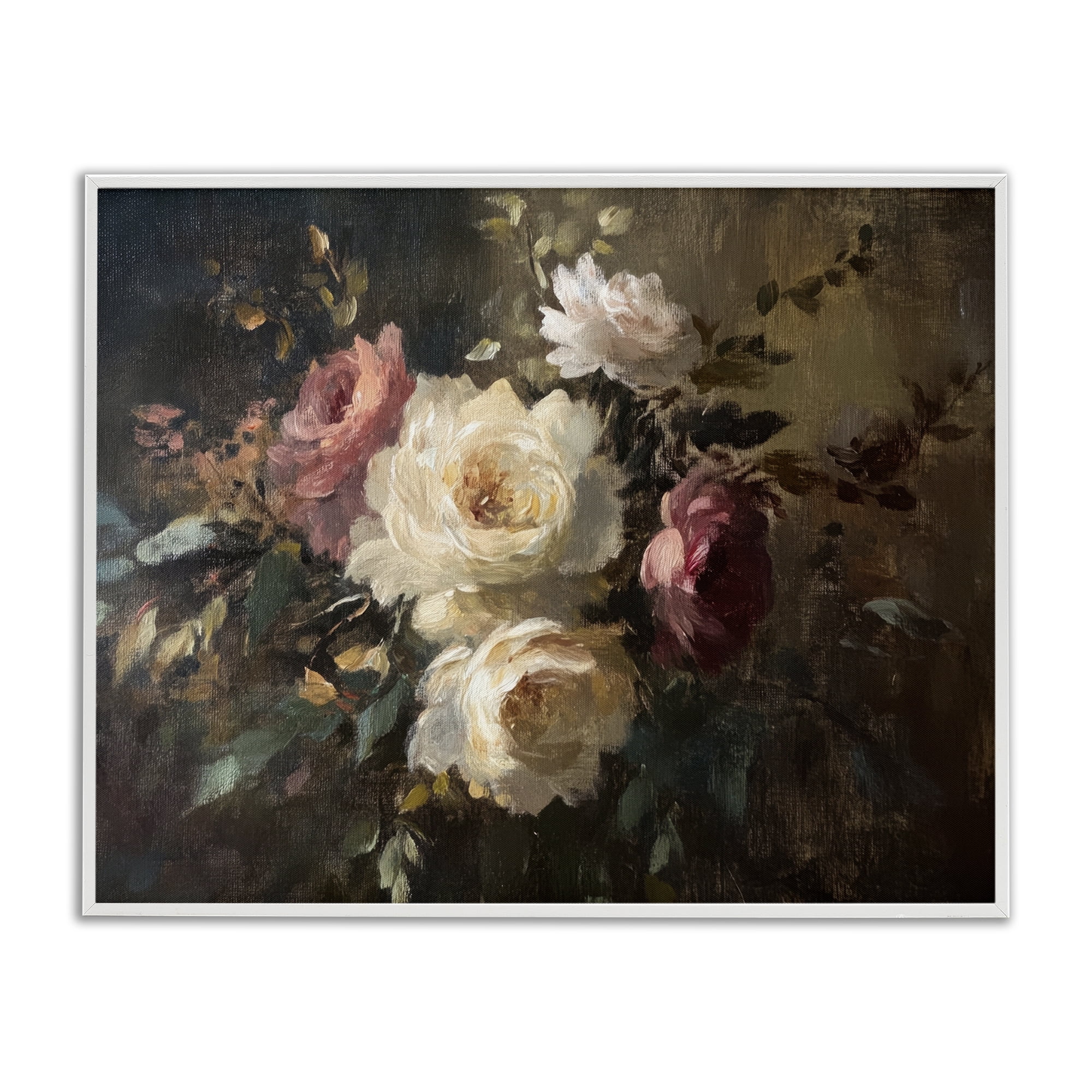 Stupell Industries Dark Still Life Roses Plants & Flowers Painting White Framed Art Print Wall Art, 14 x 11