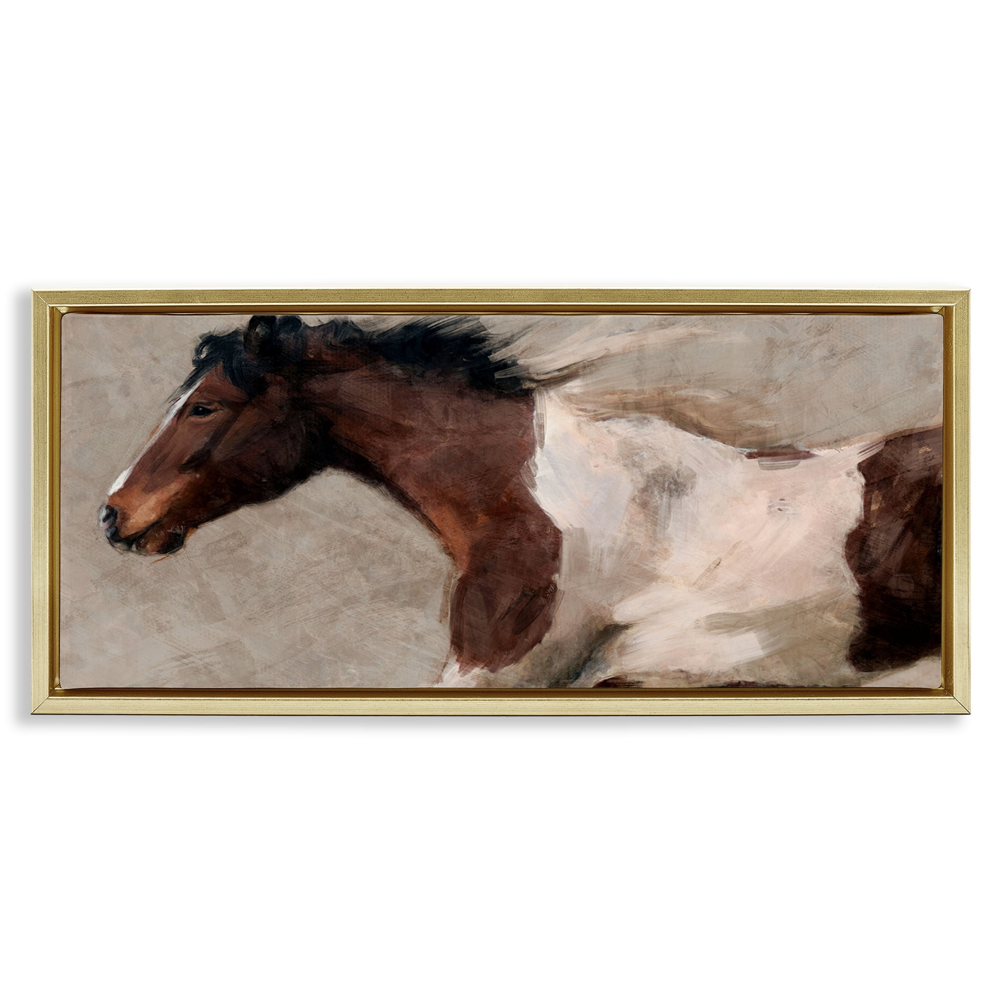 Stupell Industries Dashing Brown Horse Animals Painting Gold Floater Framed Canvas Art Print Wall Art, 25 x 11