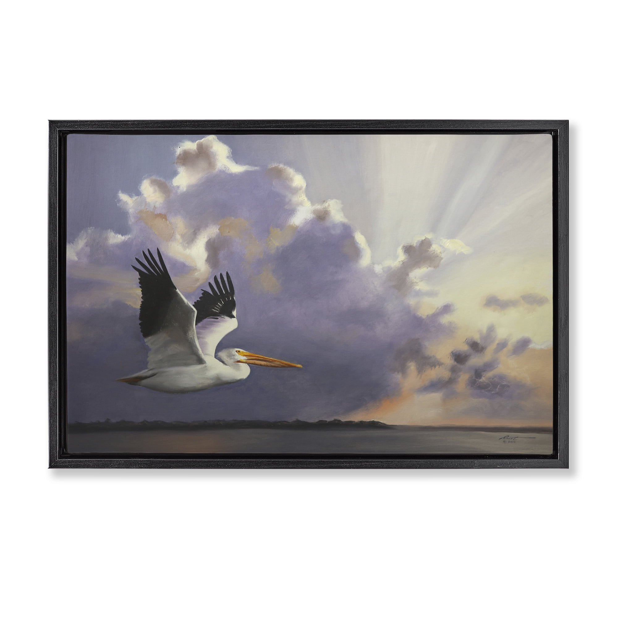Stupell Industries Dawn Sunrise Pelican Landscape Painting Black Floater Framed Canvas Art Print Wall Art, 31 x 21