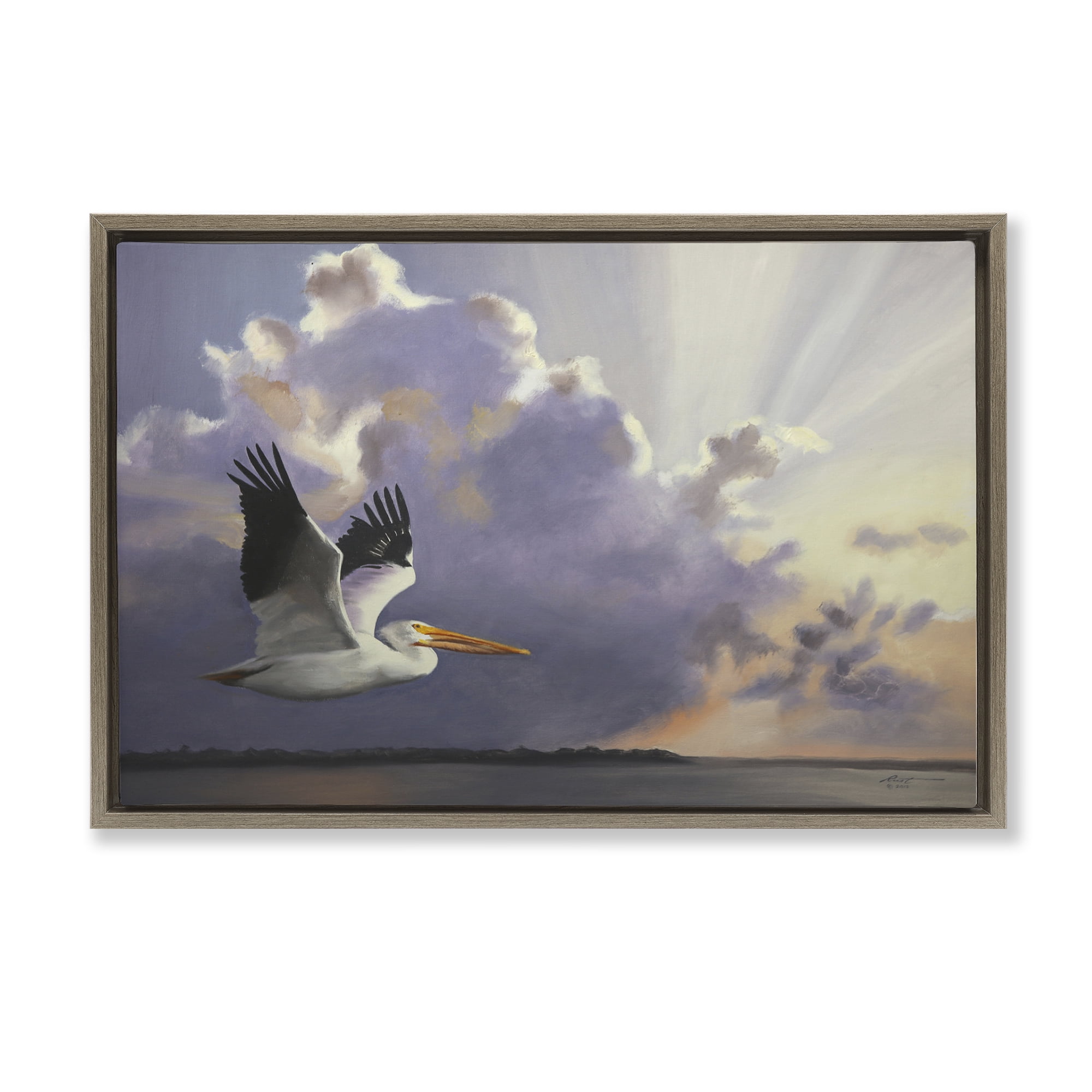 Stupell Industries Dawn Sunrise Pelican Landscape Painting Brown Floater Framed Canvas Art Print Wall Art, 31 x 21