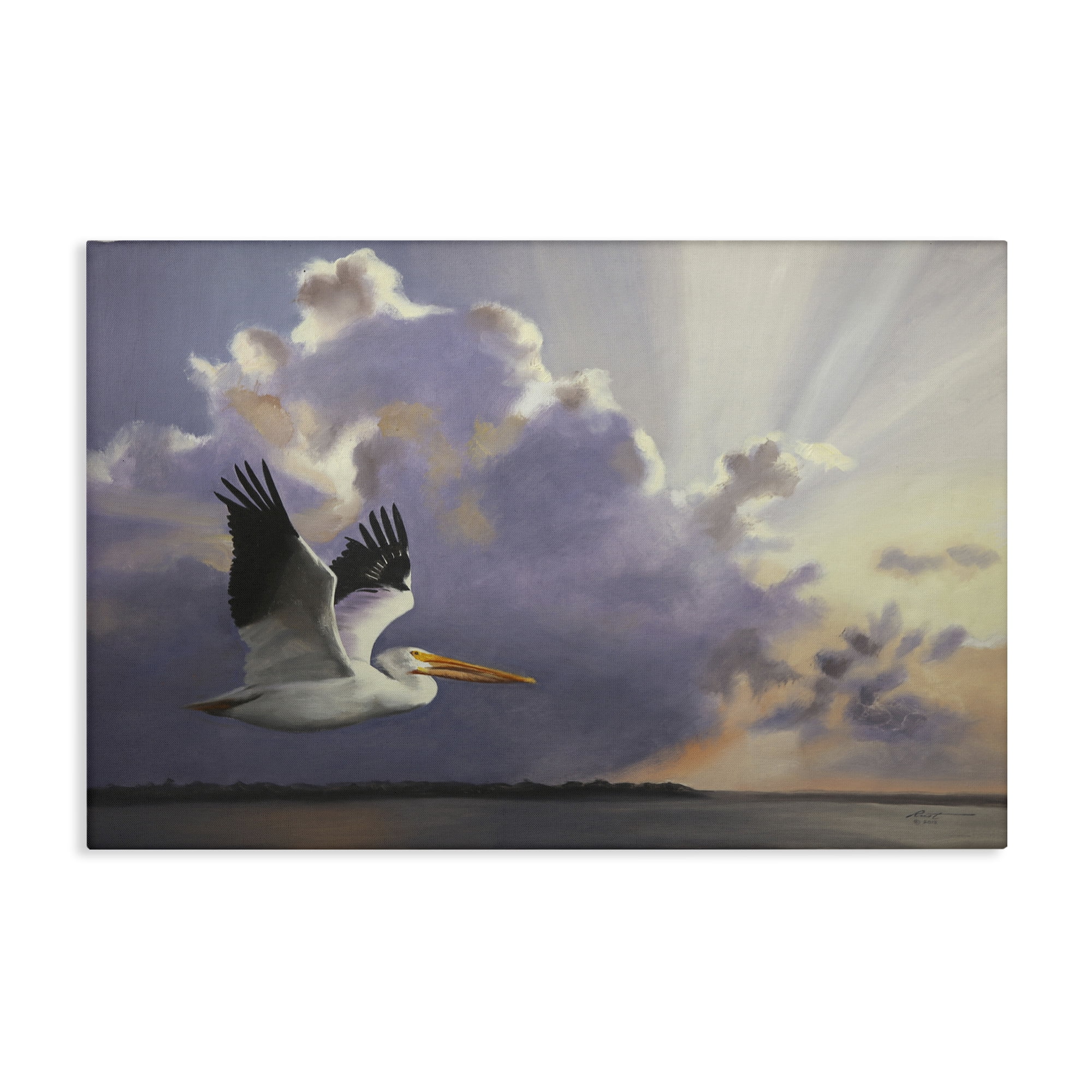 Stupell Industries Dawn Sunrise Pelican Landscape Painting Gallery Wrapped Canvas Art Print Wall Art, 30 x 20