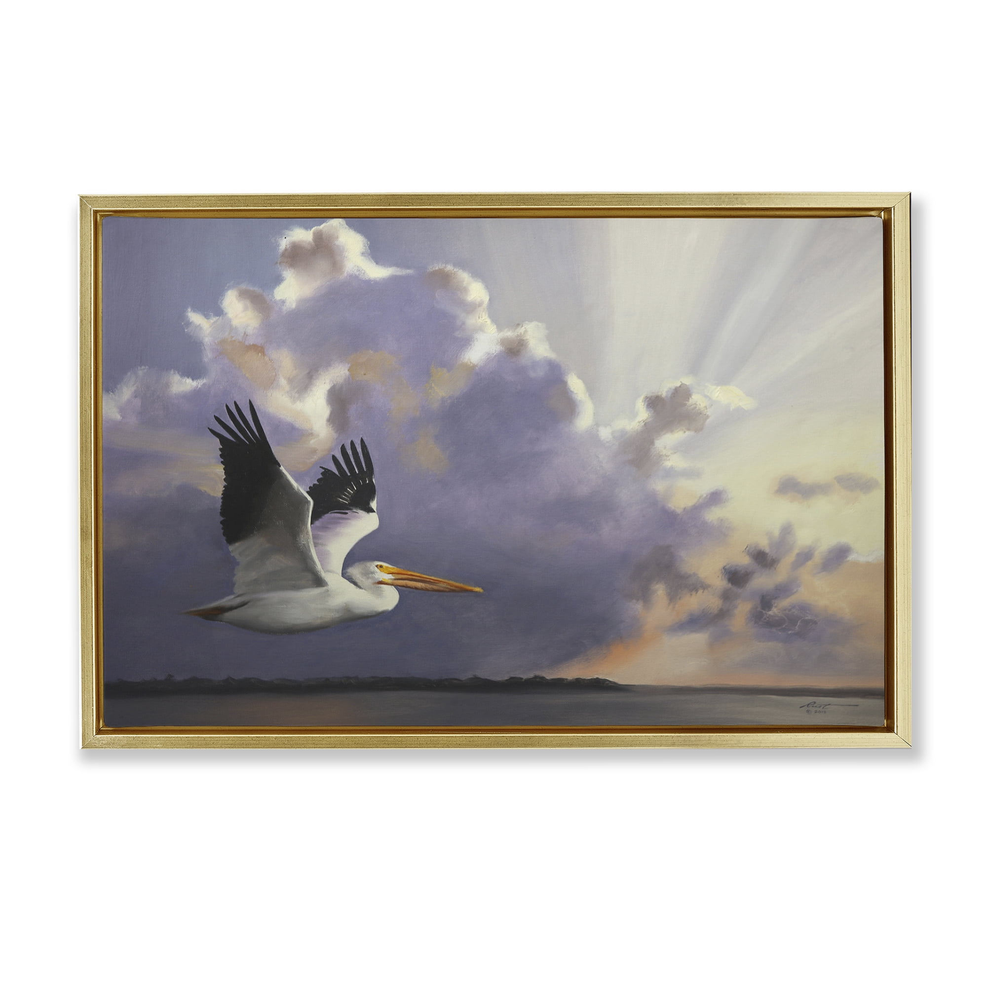 Stupell Industries Dawn Sunrise Pelican Landscape Painting Gold Floater Framed Canvas Art Print Wall Art, 31 x 21