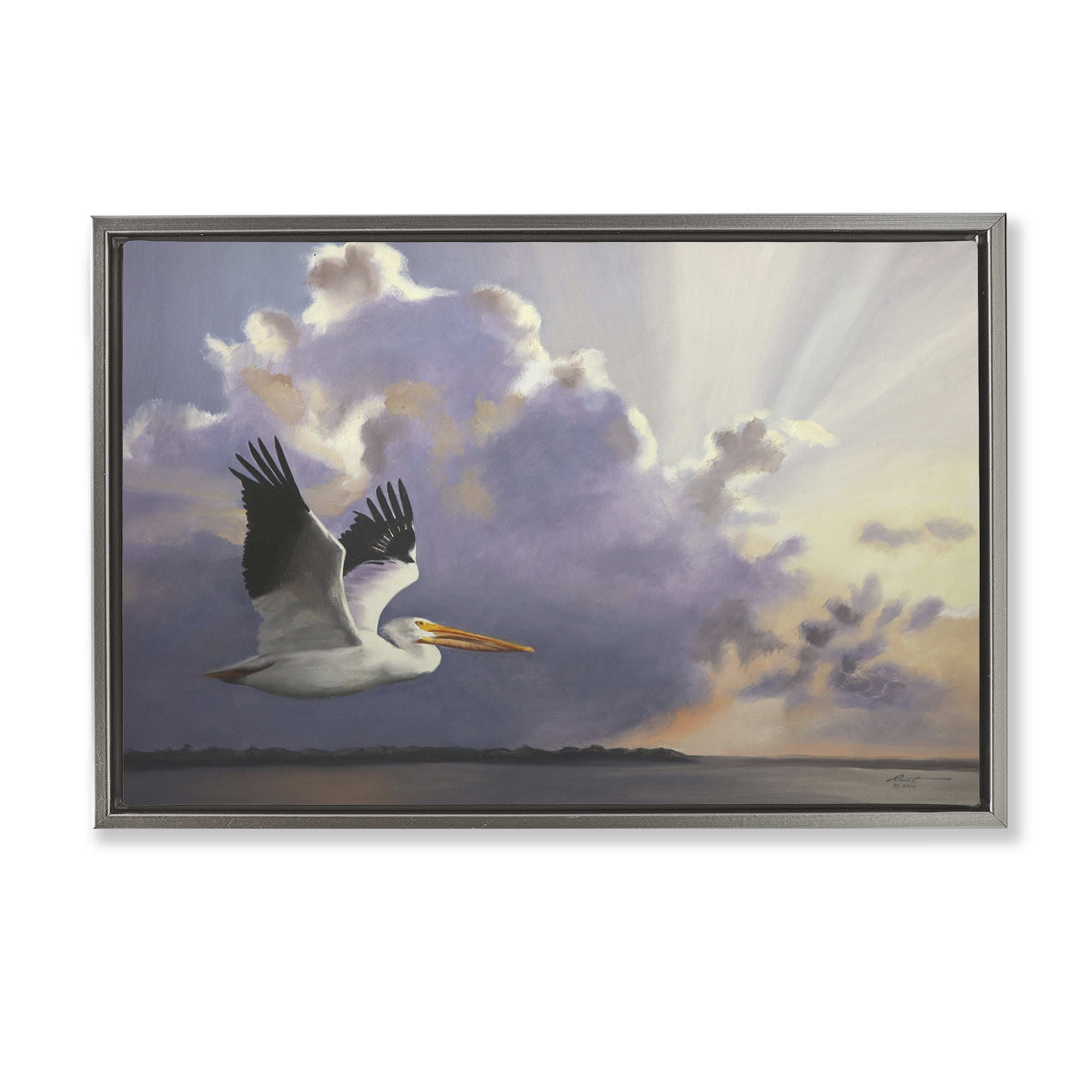 Stupell Industries Dawn Sunrise Pelican Landscape Painting Gray Floater Framed Canvas Art Print Wall Art, 31 x 21