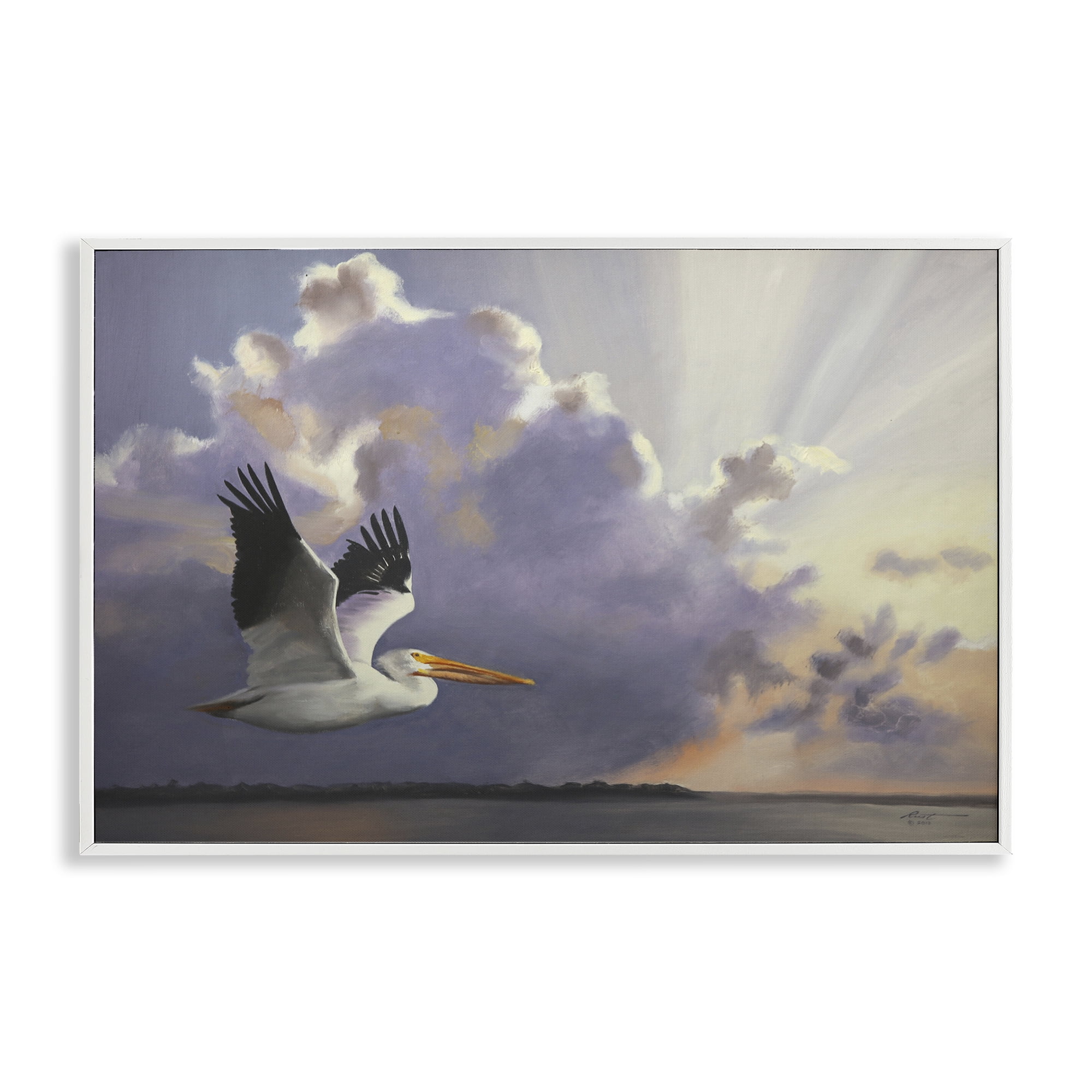 Stupell Industries Dawn Sunrise Pelican Landscape Painting White Framed Art Print Wall Art, 18 x 12