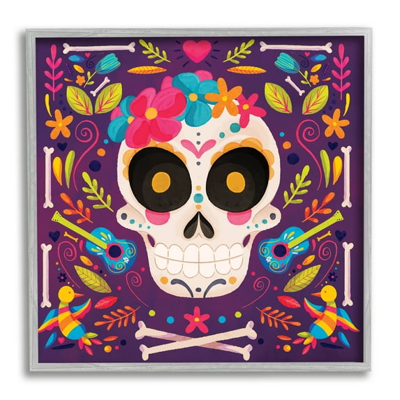 Stupell Industries Day Of Dead Floral Patterned Skull Holiday Painting Gray Framed Art Print Wall Art