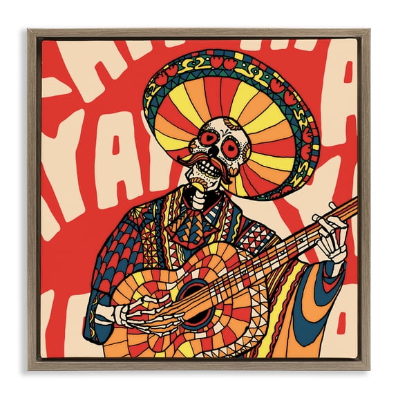 Stupell Industries Day Of Dead Guitarist Skeleton Music Painting Brown Floater Framed Canvas Art Print Wall Art, 18 x 18