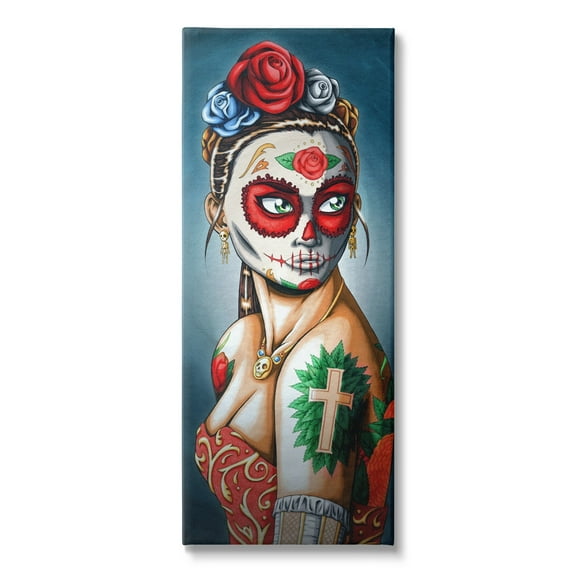Stupell Day Of Dead Skull Face Painting Roses Tattoos Canvas Wall Art, 13 x 30, Design by Amy Brinkman