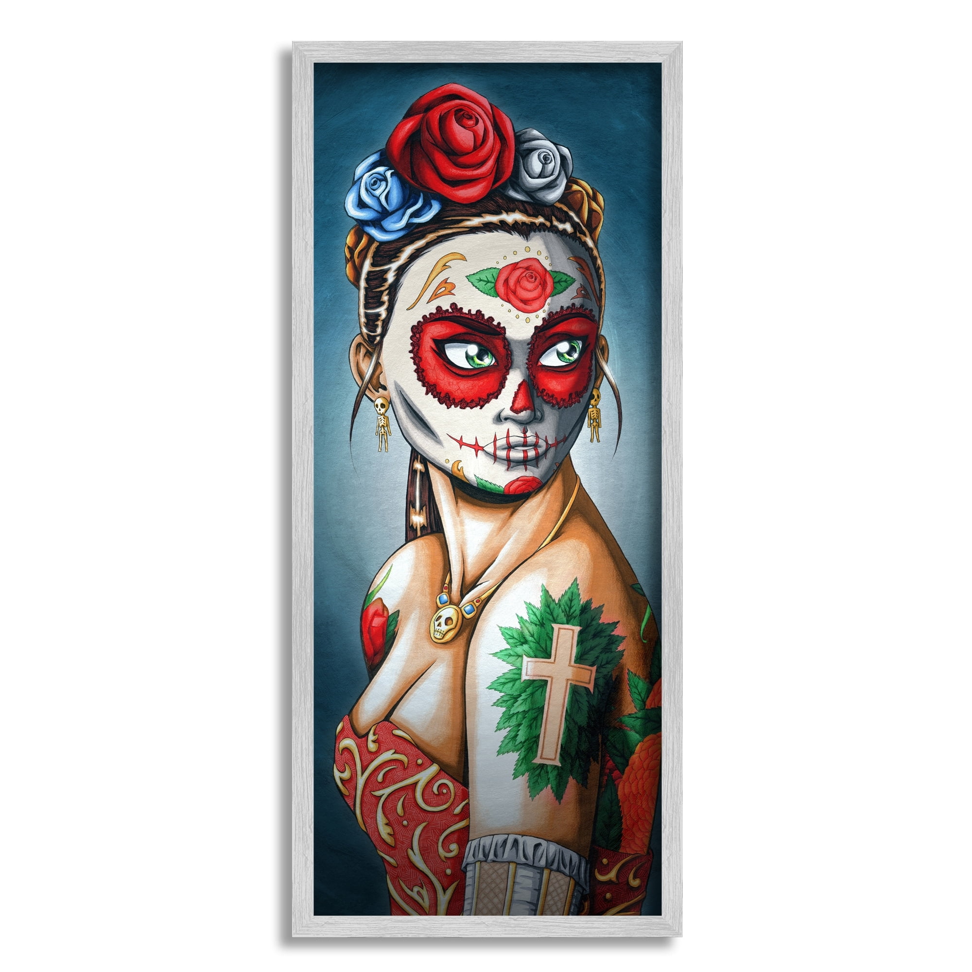 Stupell Industries Day Of Dead Skull Face Painting Roses Tattoos Framed Wall Art, 10 x 24, Design by Amy Brinkman