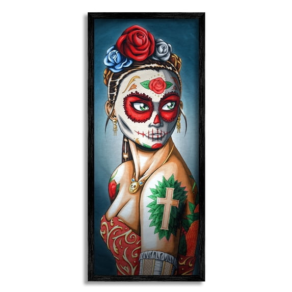 Stupell Industries Day Of Dead Skull Face Painting Roses Tattoos Framed Wall Art, 13 x 30, Design by Amy Brinkman