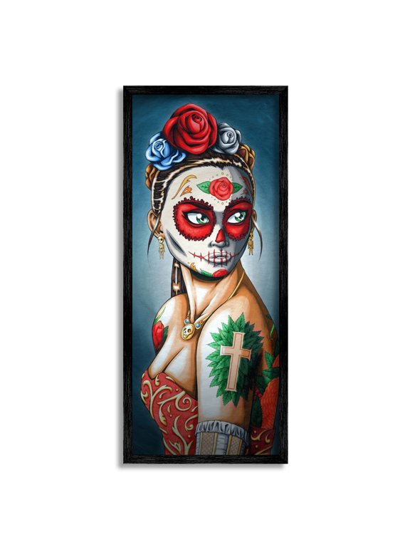 Industries Day Of Dead Skull Face Painting Roses Tattoos Framed Wall Art, 13 x 30, Design by Amy Brinkman