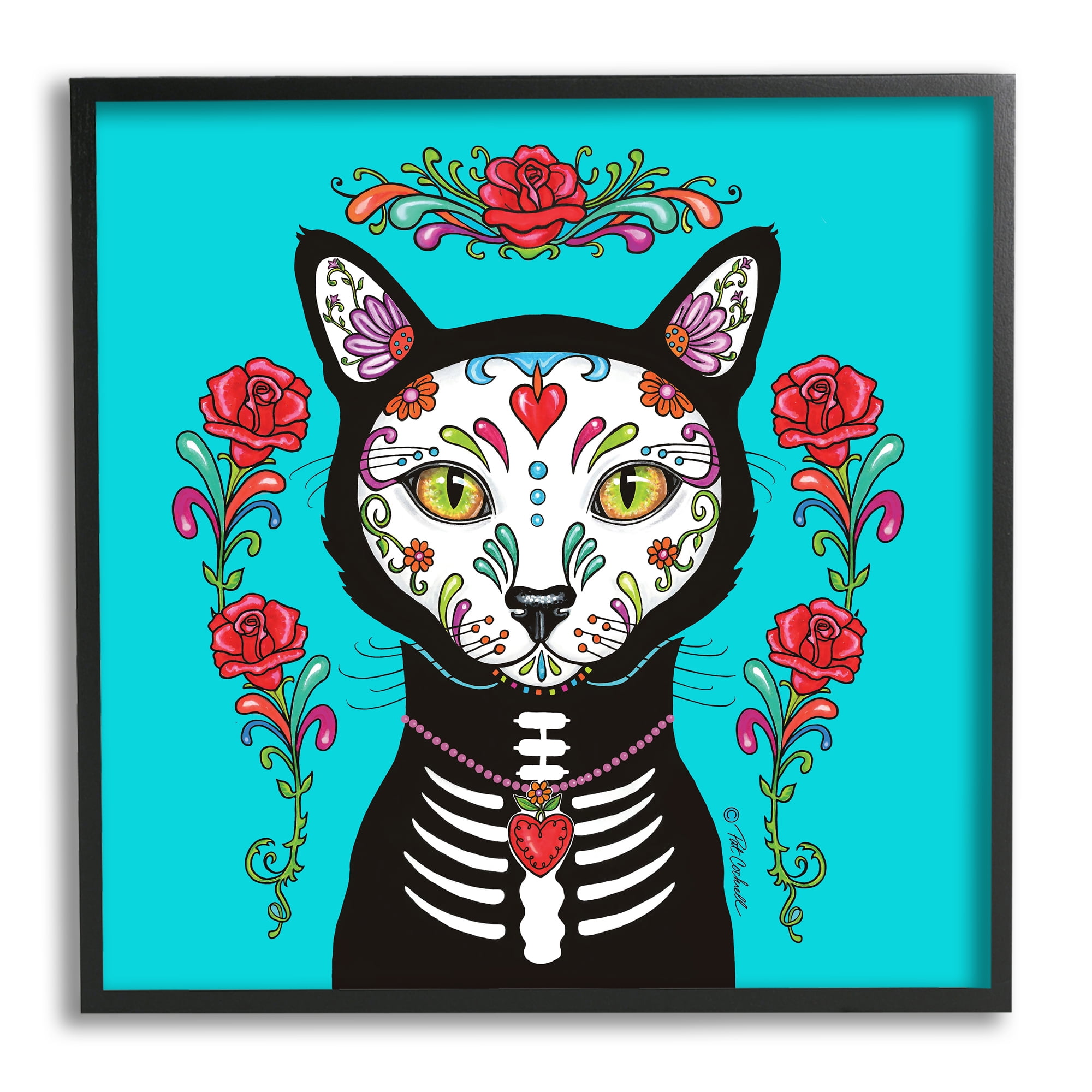 Stupell Industries Day of Dead Cat Portrait Animals & Insects Painting Black Framed Art Print Wall Art, 17 x 17