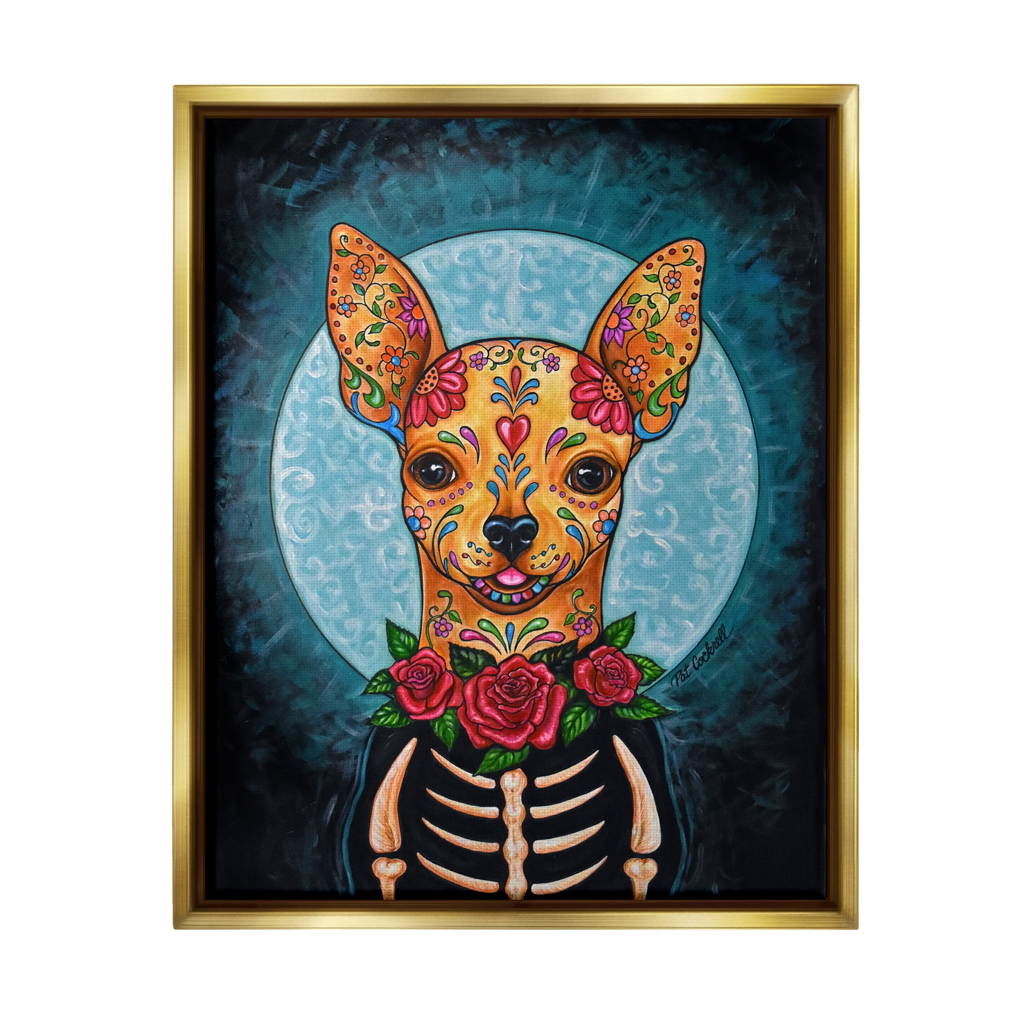 Stupell Industries Day of Dead Chihuahua Animals & Insects Painting Gold Floater Framed Art Print Wall Art, 17 x 21