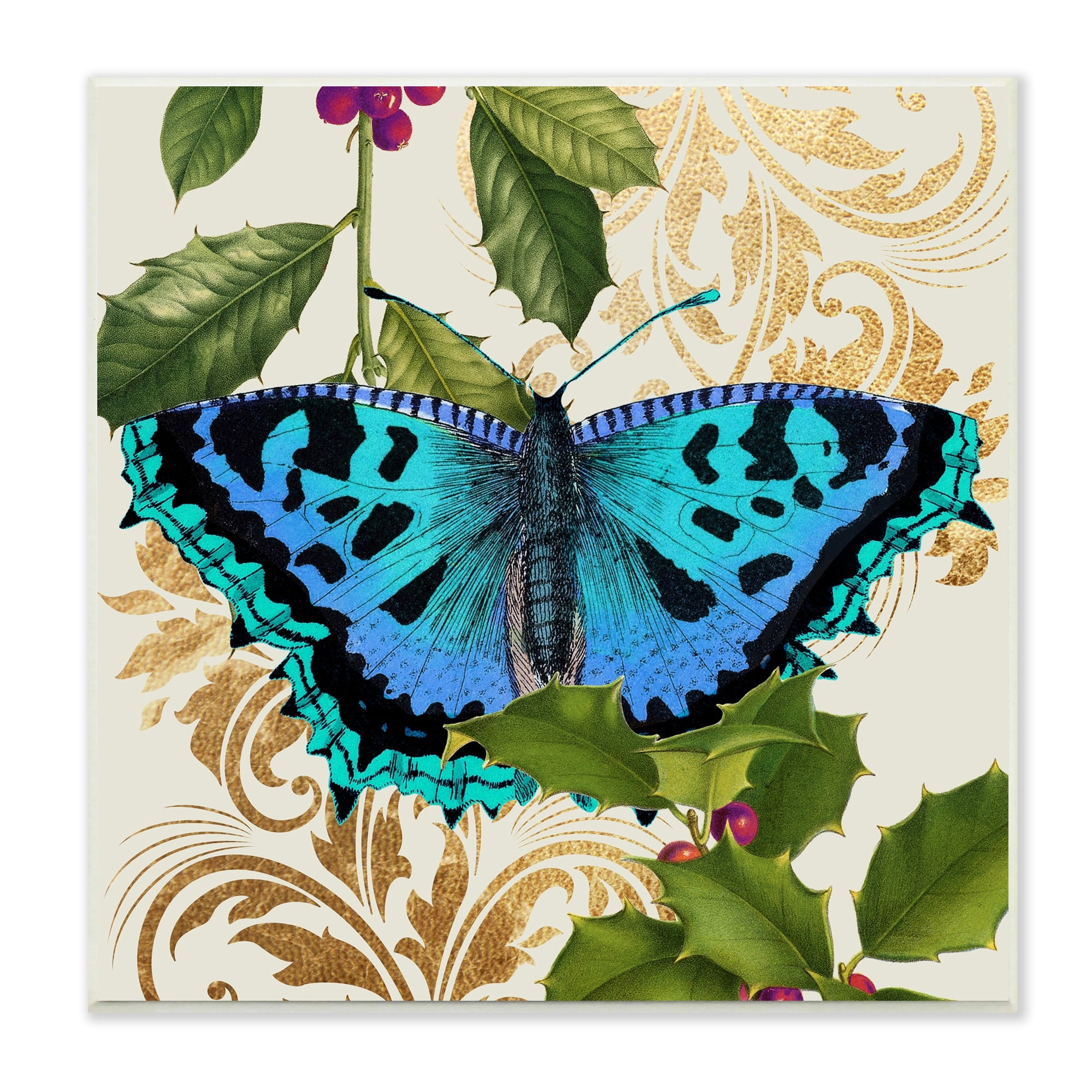 Stupell Industries Dazzling Butterfly Wings Golden Floral Design Winter Holly,12 x 12, Design by Daphne Polselli