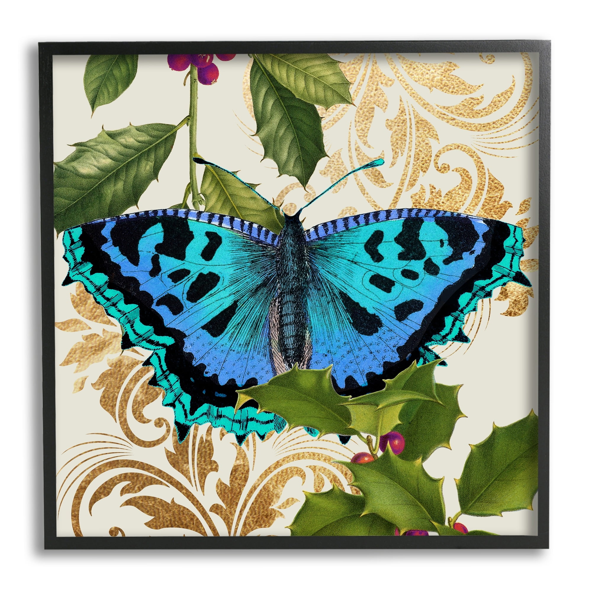 Stupell Industries Dazzling Butterfly Wings Golden Floral Design Winter Holly,12 x 12, Design by Daphne Polselli
