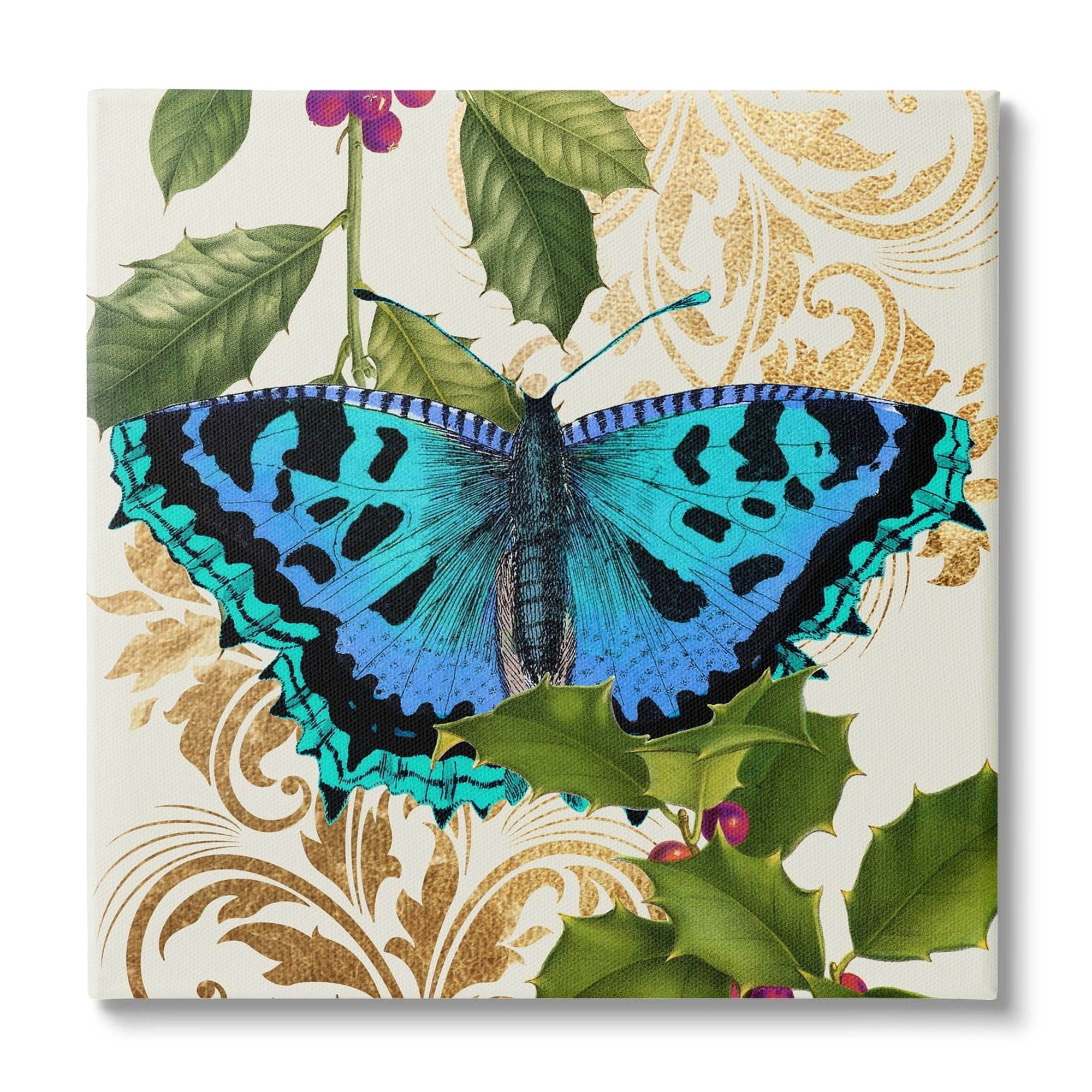 Stupell Industries Dazzling Butterfly Wings Golden Floral Design Winter Holly,17 x 17, Design by Daphne Polselli
