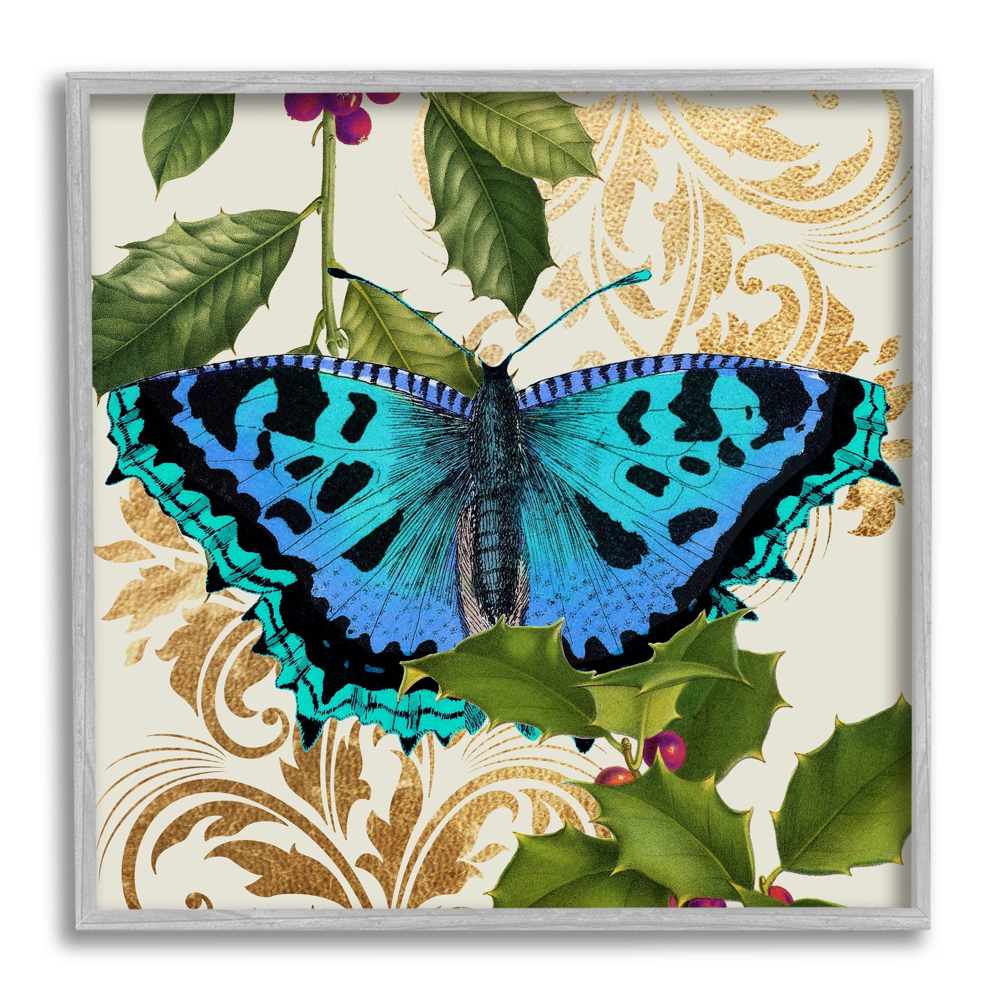 Stupell Industries Dazzling Butterfly Wings Golden Floral Design Winter Holly,24 x 24, Design by Daphne Polselli