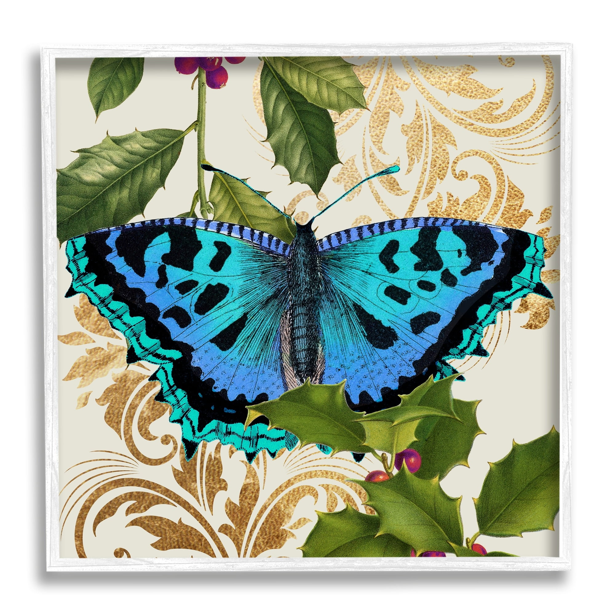Stupell Industries Dazzling Butterfly Wings Golden Floral Design Winter Holly,24 x 24, Design by Daphne Polselli