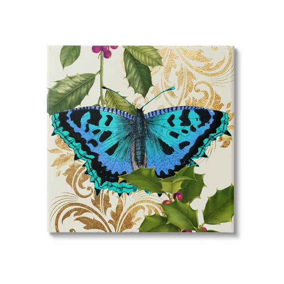 Stupell Industries Dazzling Butterfly Wings Golden Floral Design Winter Holly,36 x 36, Design by Daphne Polselli