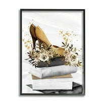 Stupell Industries Dazzling Floral Heel Shoes Trendy Books Stacked Graphic Art Black Framed Art Print Wall Art, Design by Kim Allen