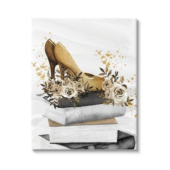 Stupell Industries Dazzling Floral Heel Shoes Trendy Books Stacked Graphic Art Gallery Wrapped Canvas Print Wall Art, Design by Kim Allen