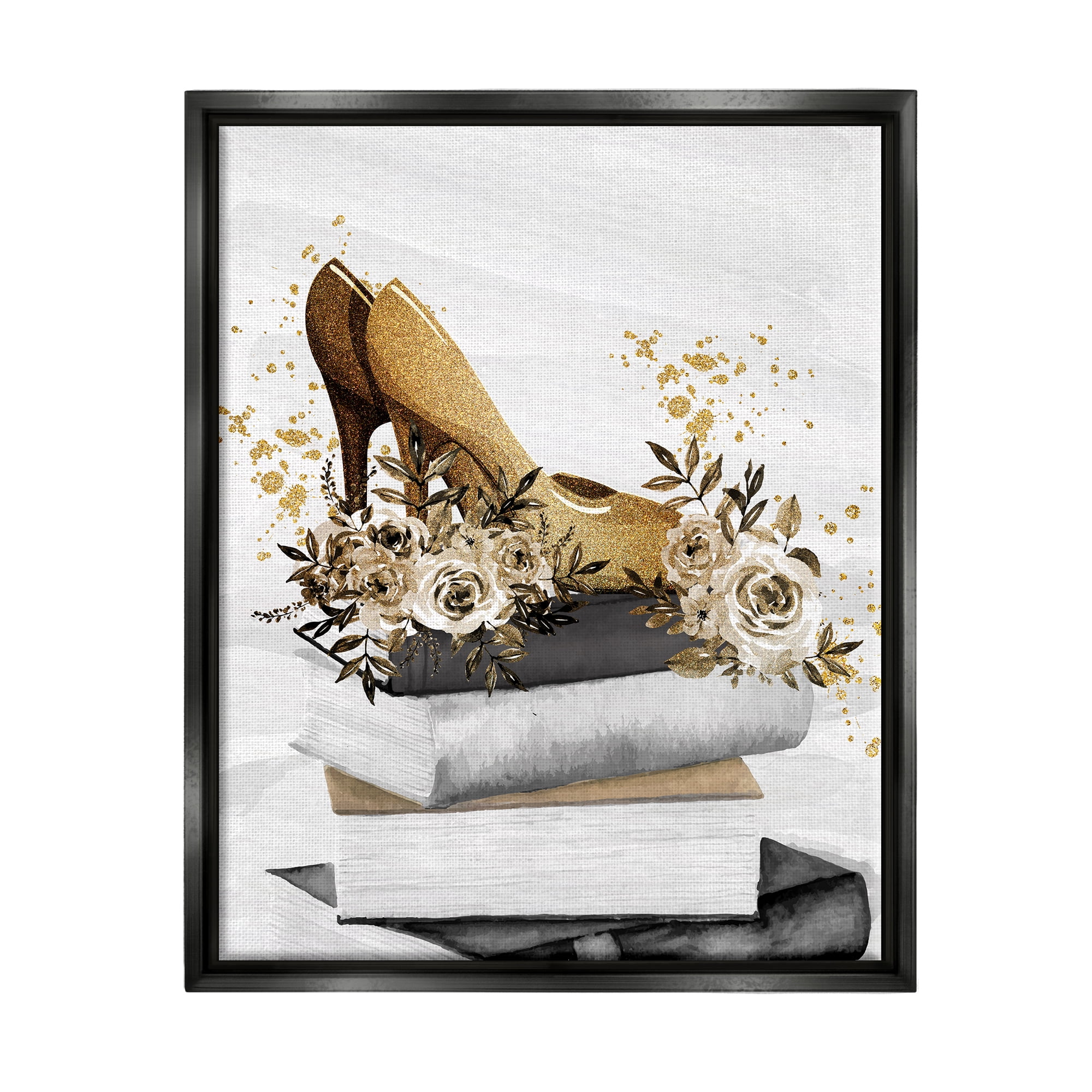 Stupell Industries Dazzling Floral Heel Shoes Trendy Books Stacked Graphic Art Jet Black Floating Framed Canvas Print Wall Art, Design by Kim Allen