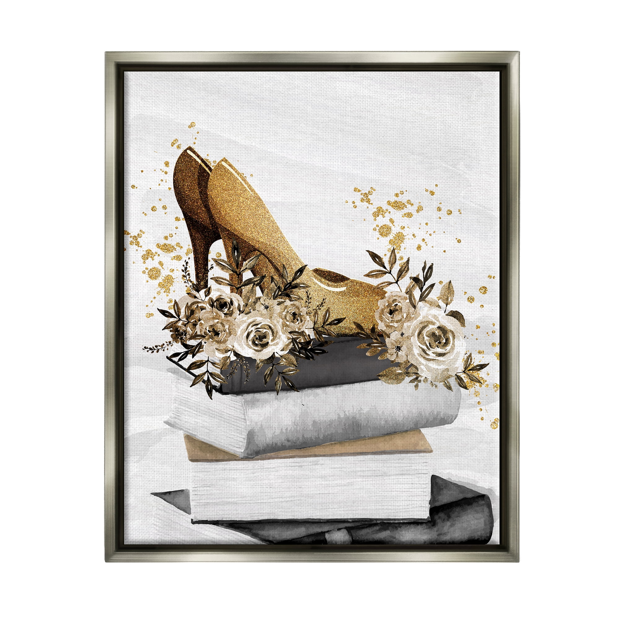 Stupell Industries Dazzling Floral Heel Shoes Trendy Books Stacked Graphic Art Luster Gray Floating Framed Canvas Print Wall Art, Design by Kim Allen