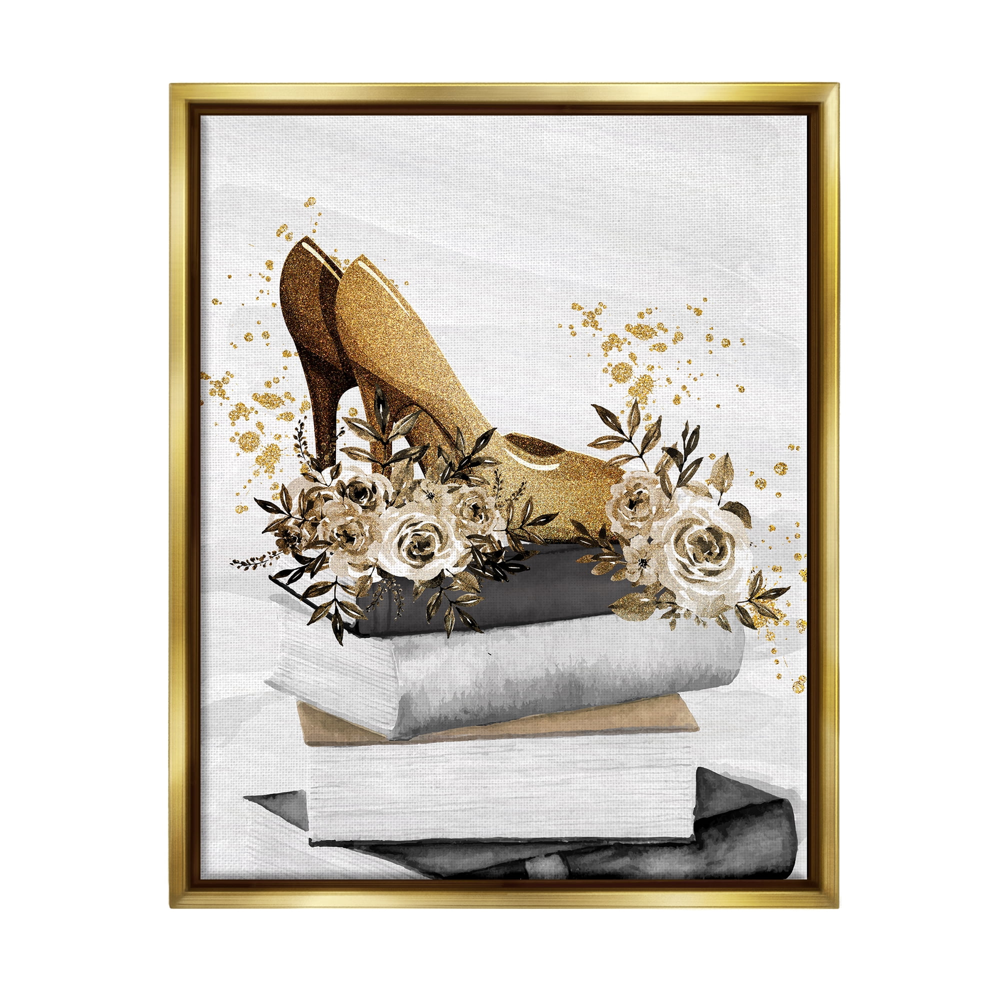 Stupell Industries Dazzling Floral Heel Shoes Trendy Books Stacked Graphic Art Metallic Gold Floating Framed Canvas Print Wall Art, Design by Kim Allen