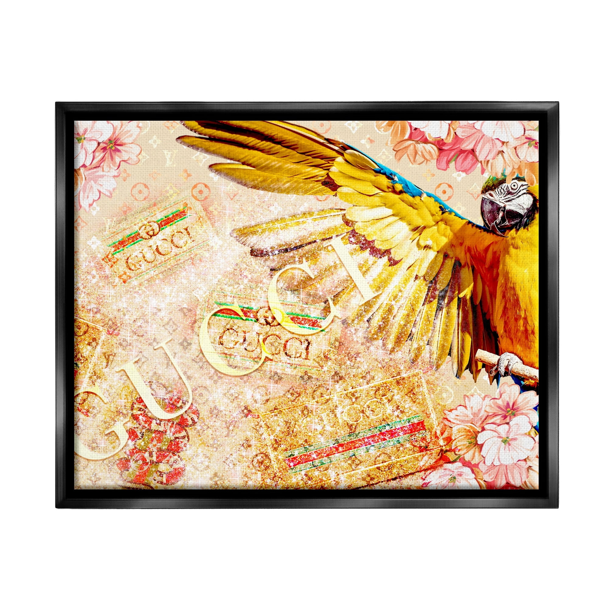 Stupell Industries Dazzling Glam Parrot Floral Pattern Upscale Bling Graphic Art Jet Black Floating Framed Canvas Print Wall Art, Design by Ziwei Li