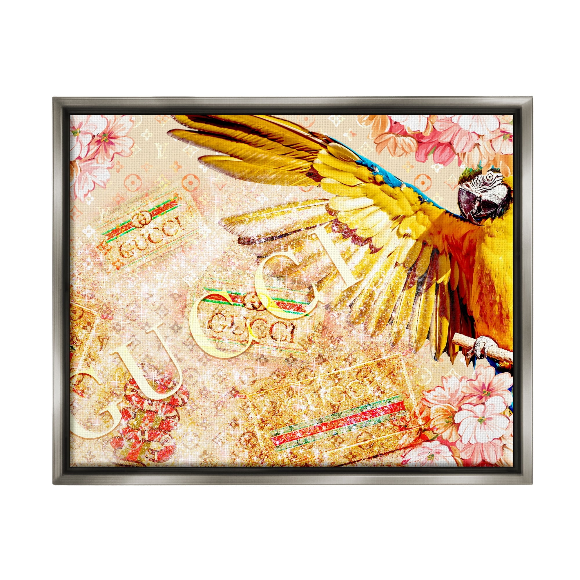 Stupell Industries Dazzling Glam Parrot Floral Pattern Upscale Bling Graphic Art Luster Gray Floating Framed Canvas Print Wall Art, Design by Ziwei Li