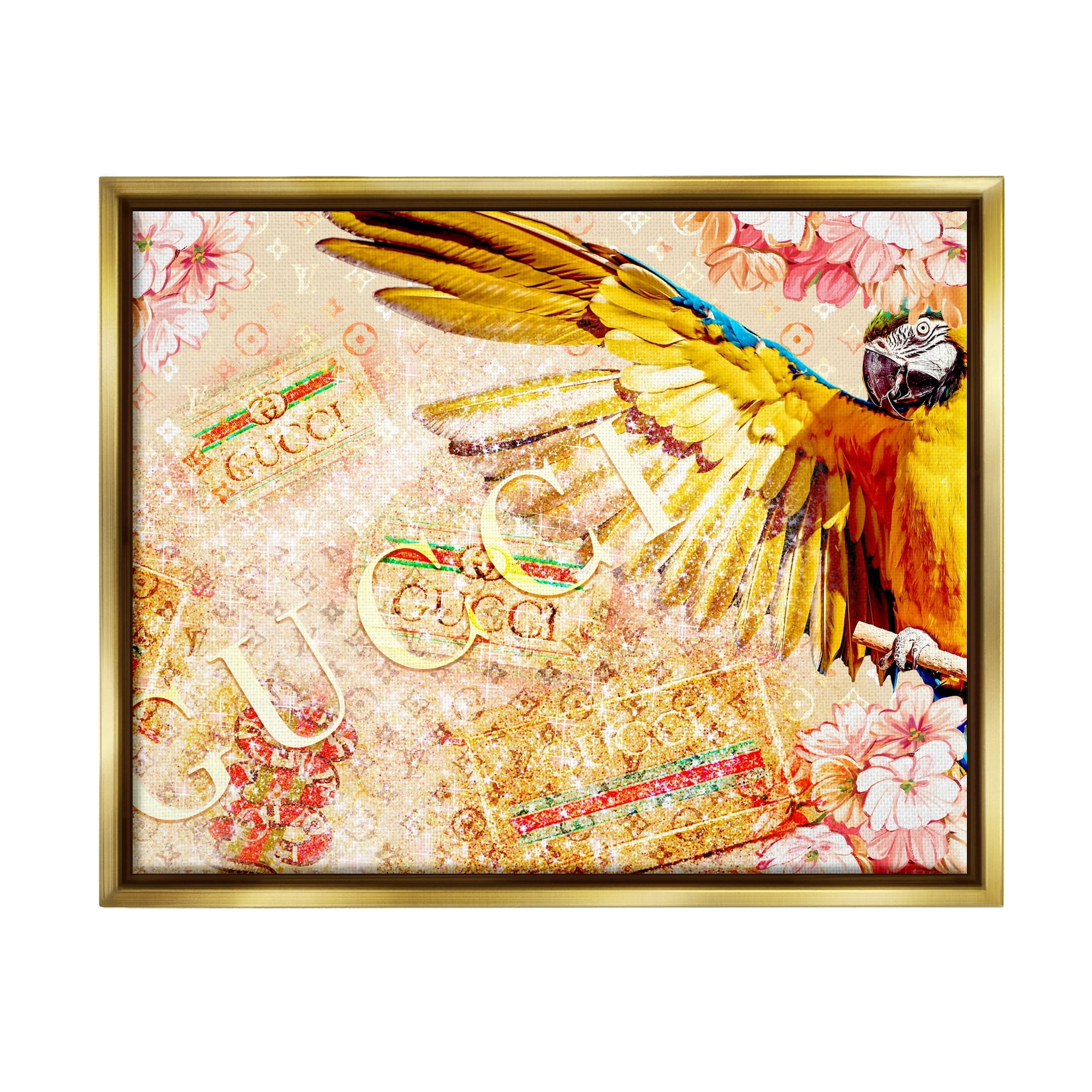 Stupell Industries Dazzling Glam Parrot Floral Pattern Upscale Bling Graphic Art Metallic Gold Floating Framed Canvas Print Wall Art, Design by Ziwei Li