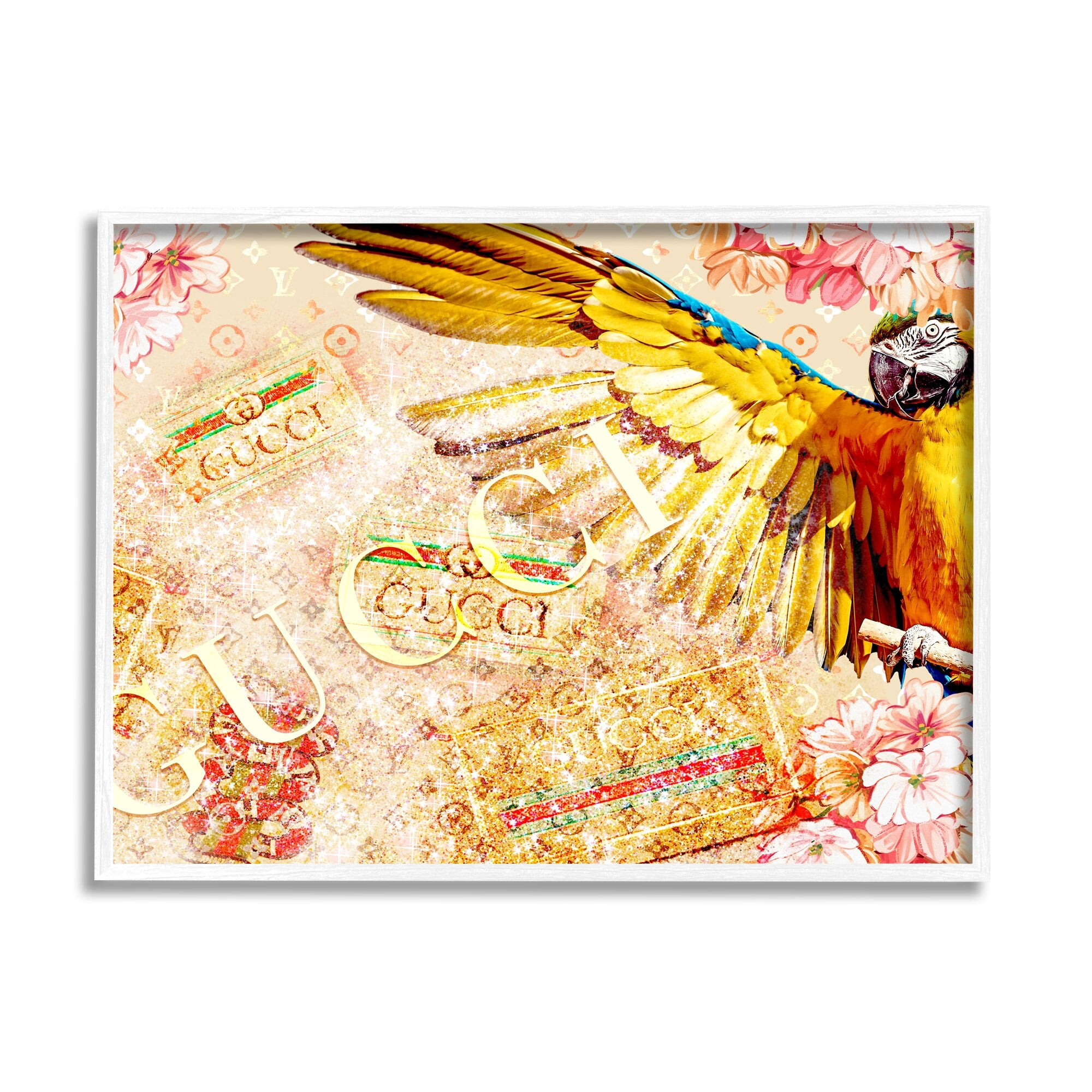 Stupell Industries Dazzling Glam Parrot Floral Pattern Upscale Bling Graphic Art White Framed Art Print Wall Art, Design by Ziwei Li