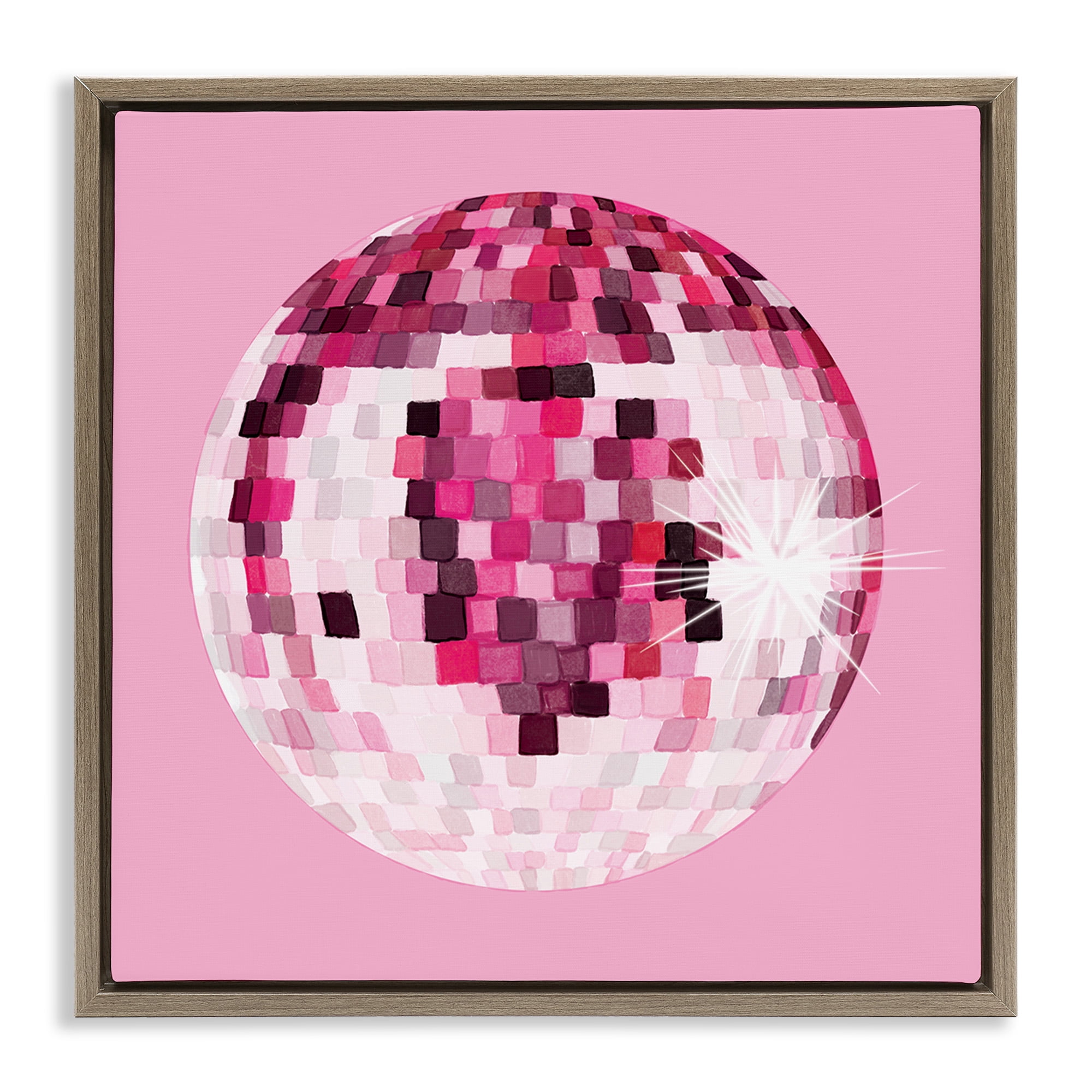 Stupell Industries Dazzling Pink Disco Ball Beauty & Fashion Painting Brown Floater Framed Canvas Art Print Wall Art, 25 x 25