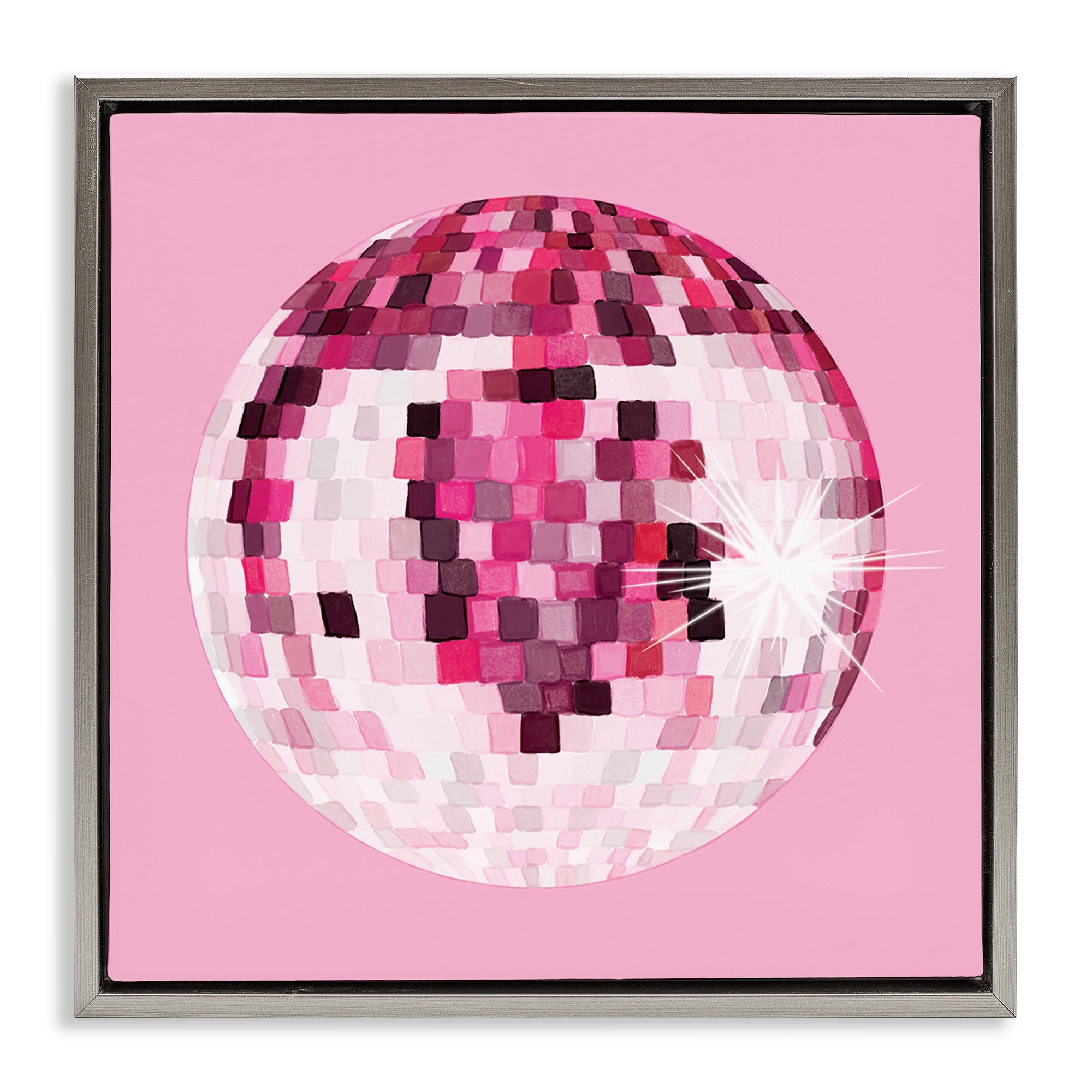 Stupell Industries Dazzling Pink Disco Ball Beauty & Fashion Painting Gray Floater Framed Canvas Art Print Wall Art, 18 x 18