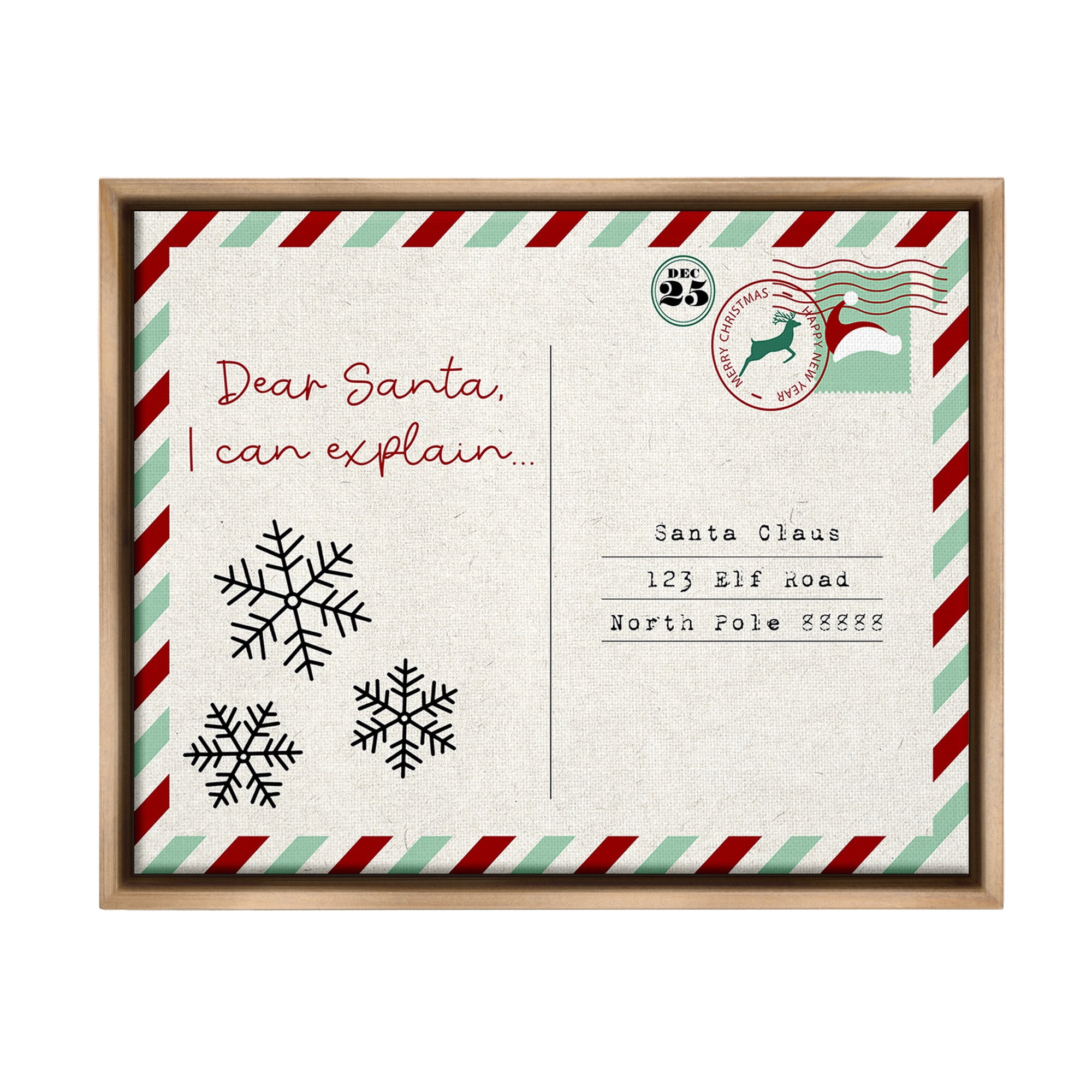 Stupell Industries Dear Santa Postcard Holiday Painting Brown Floater Framed Canvas Art Print Wall Art, 21 x 17