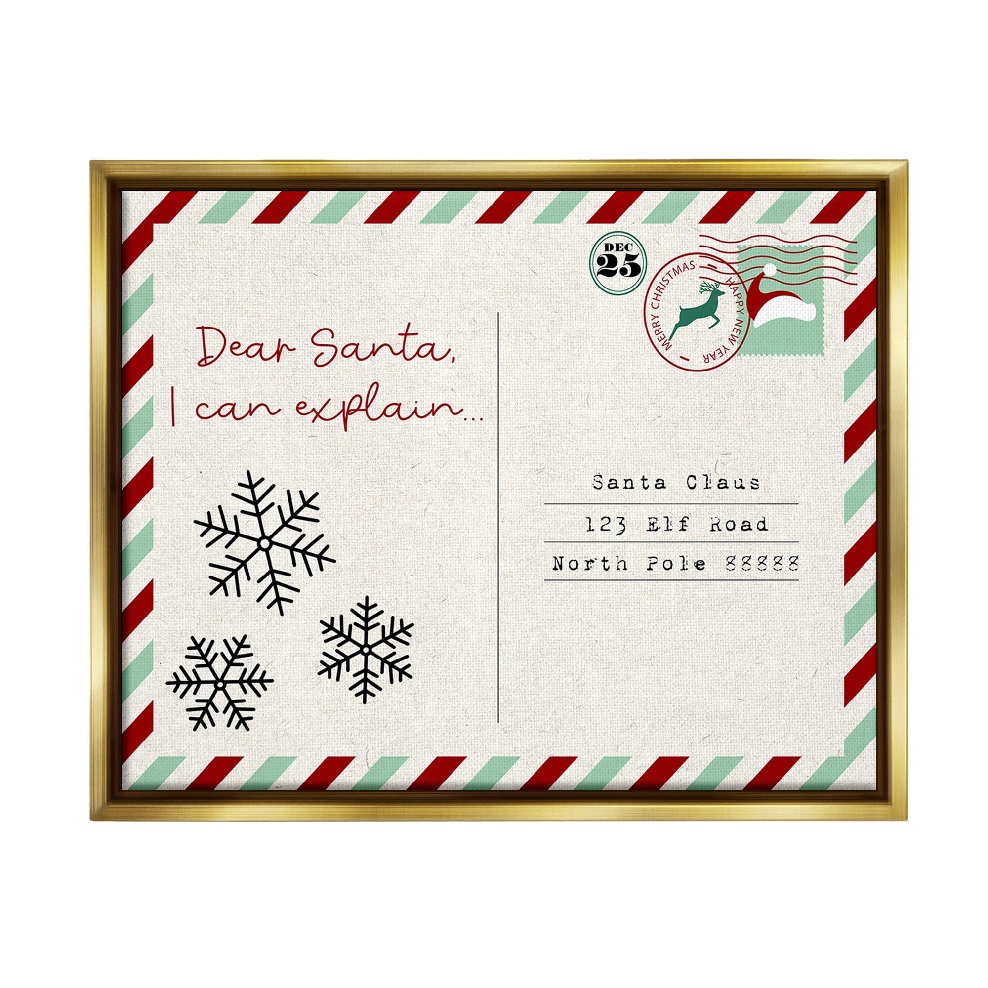 Stupell Industries Dear Santa Postcard Holiday Painting Gold Floater Framed Canvas Art Print Wall Art, 31 x 25