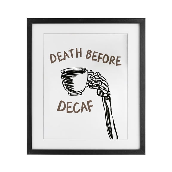 Stupell Industries Death Before Decaf Skeleton Black Framed Print Under Glass design by JJ Design House LLC, 21 x 17