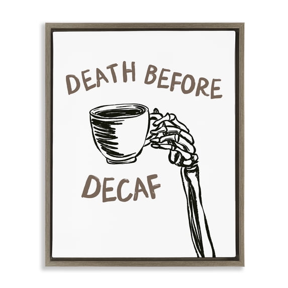 Stupell Industries Death Before Decaf Skeleton Brown Framed Floater Canvas Wall Art design by JJ Design House LLC, 21 x 17