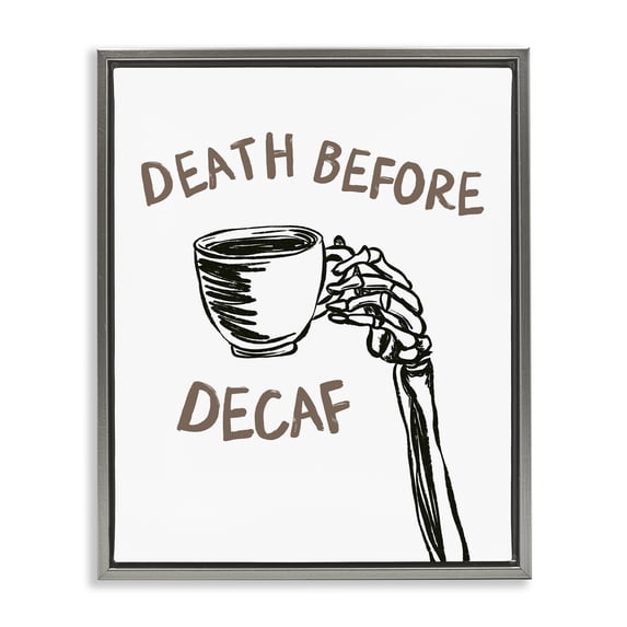 Stupell Industries Death Before Decaf Skeleton Gray Framed Floater Canvas Wall Art design by JJ Design House LLC, 31 x 25
