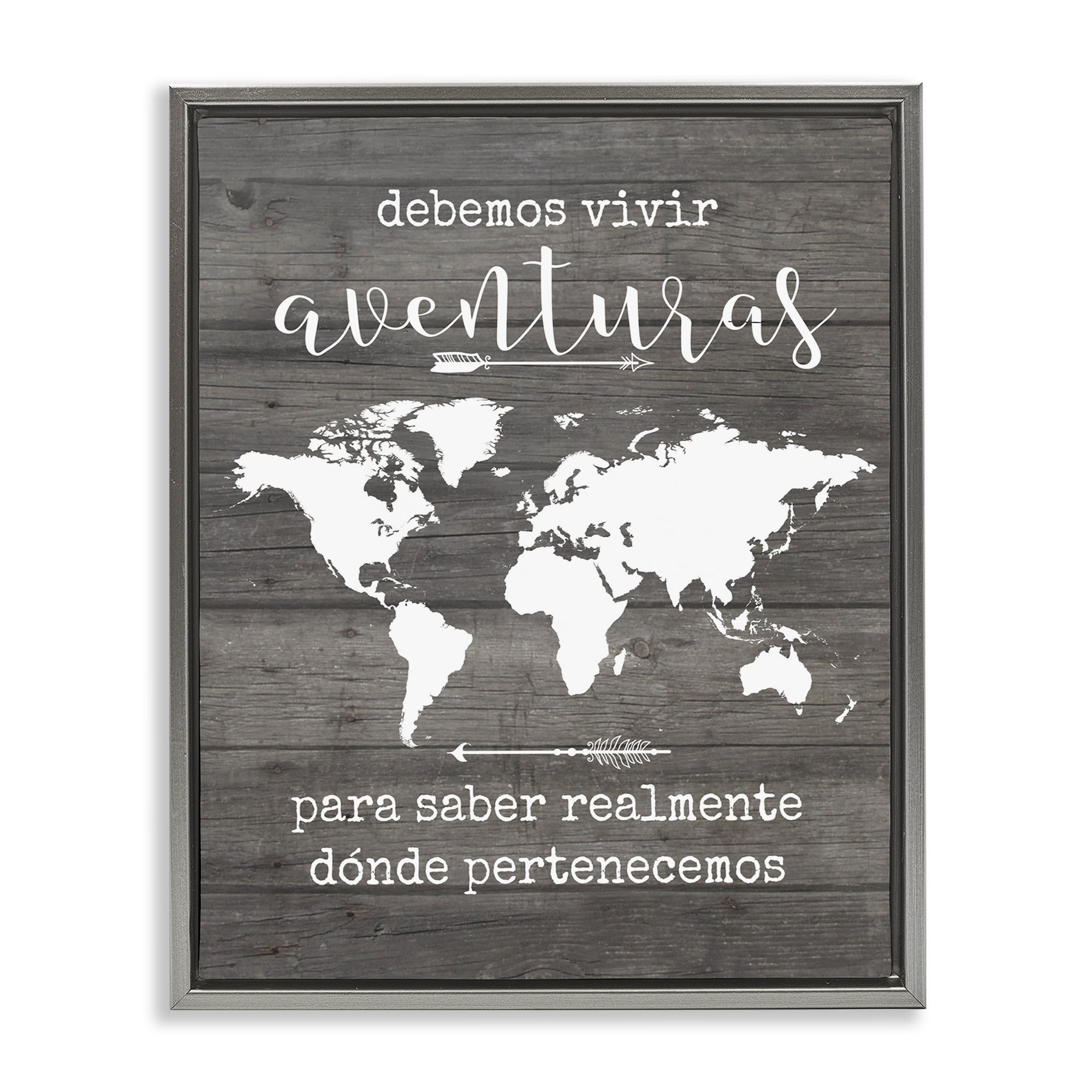 Stupell Industries Debemos Vivir Aventuras Inspirational Quotes & Sayings Painting Gray Floater Framed Art Print Wall Art, 17 x 21