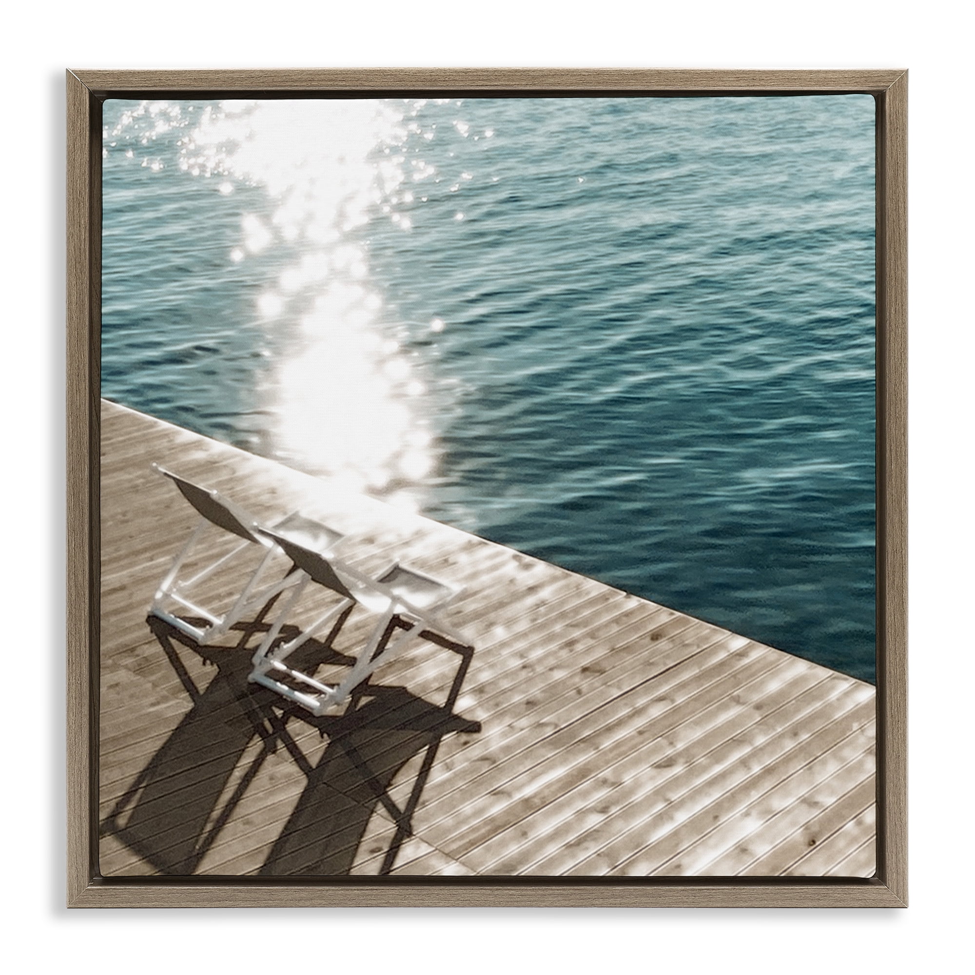 Stupell Industries Deck Chair Shadows Landscape Painting Brown Floater Framed Canvas Art Print Wall Art, 18 x 18